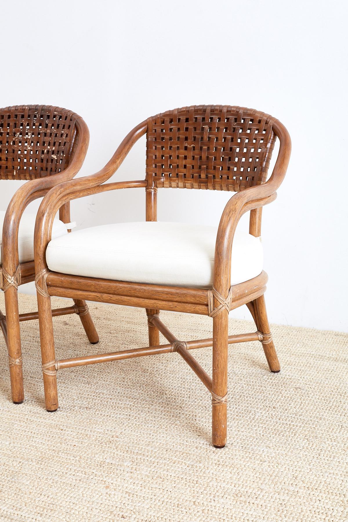 Pair of McGuire Bamboo and Woven Leather Armchairs In Good Condition In Rio Vista, CA