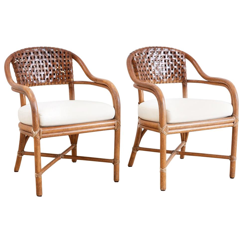 Pair of McGuire Bamboo and Woven Leather Armchairs