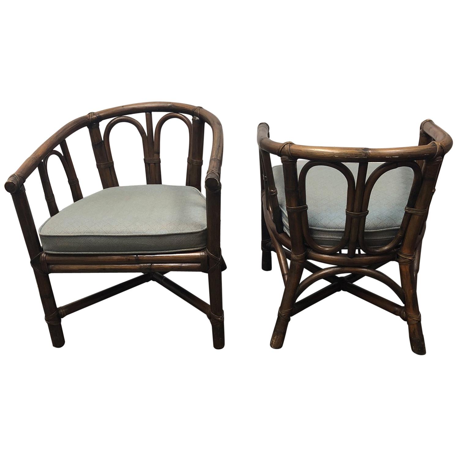 Pair of McGuire Bamboo Barrel Chairs For Sale