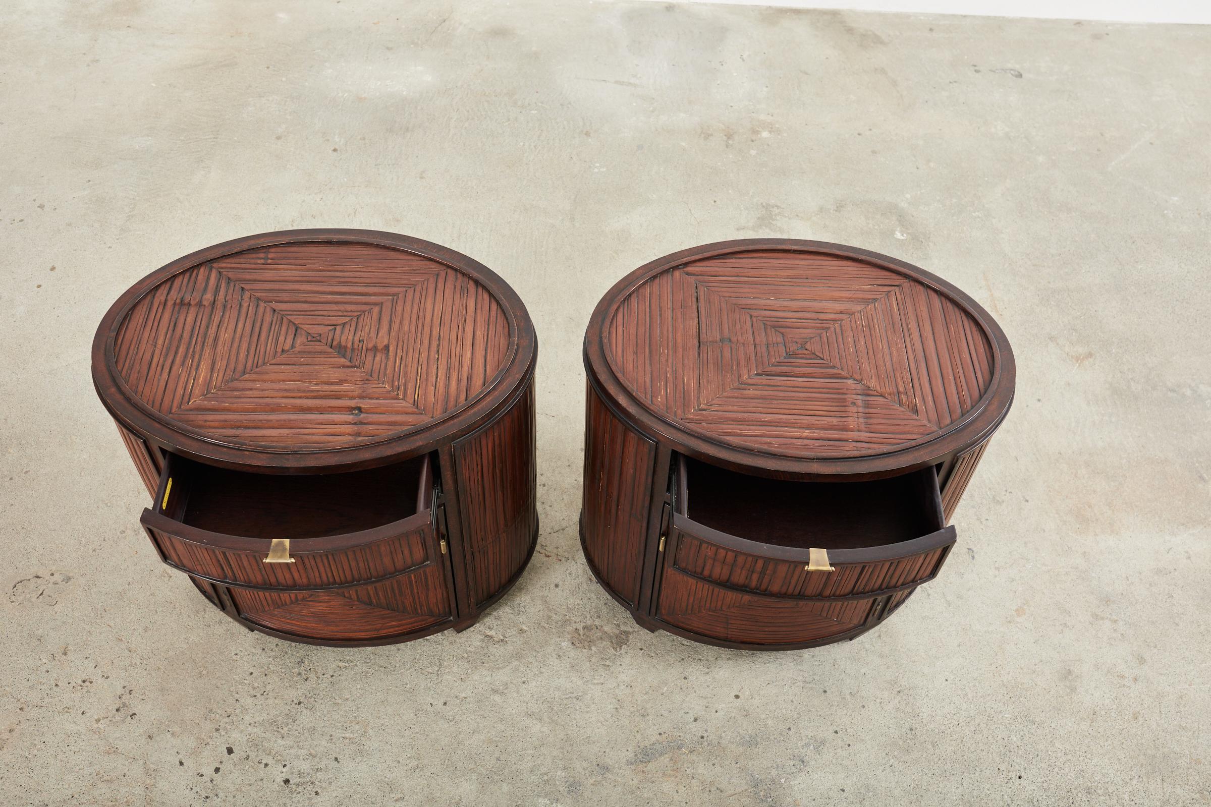 Pair of McGuire Bamboo Oak Drum Form Nightstands or Side Tables 2
