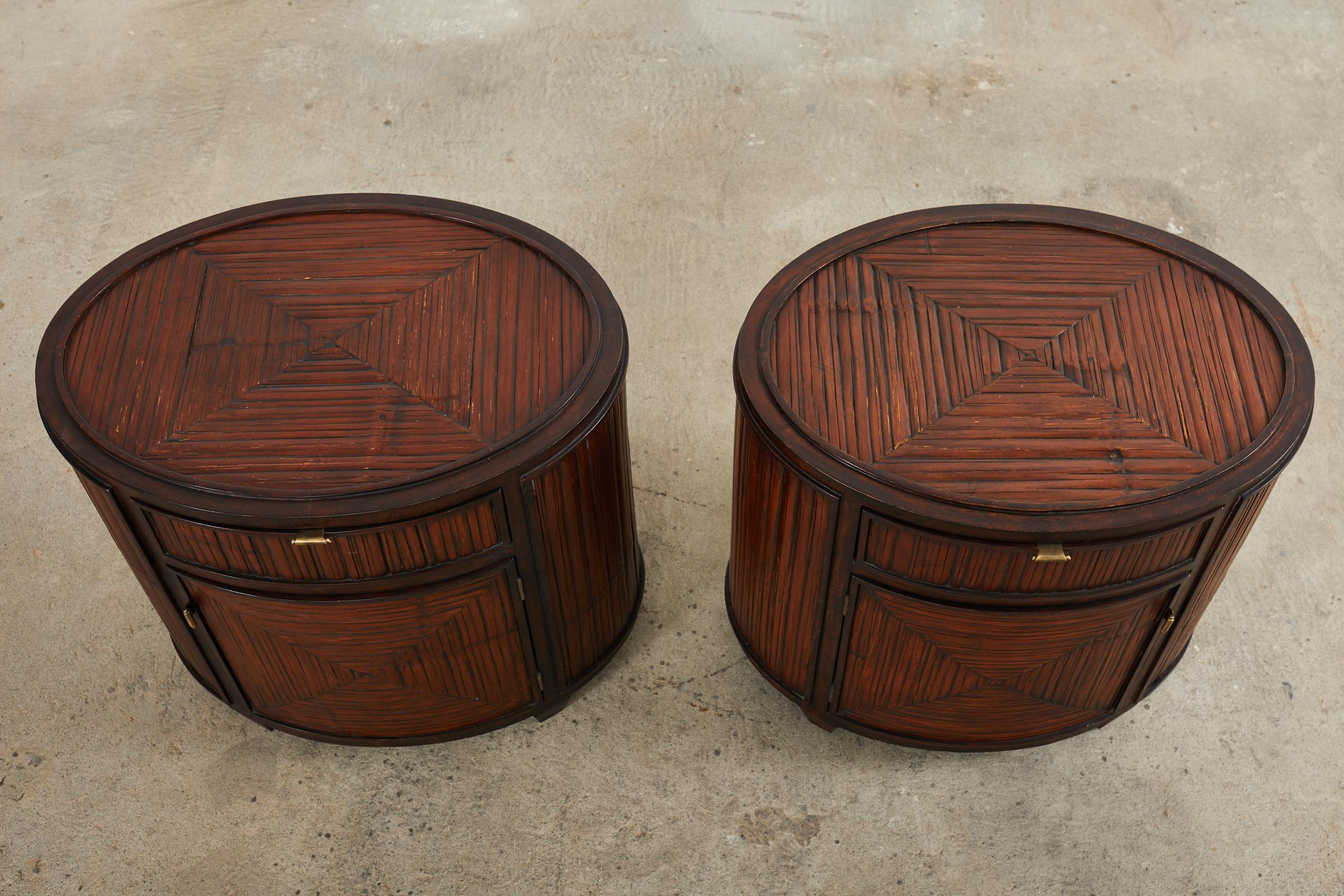 American Pair of McGuire Bamboo Oak Drum Form Nightstands or Side Tables