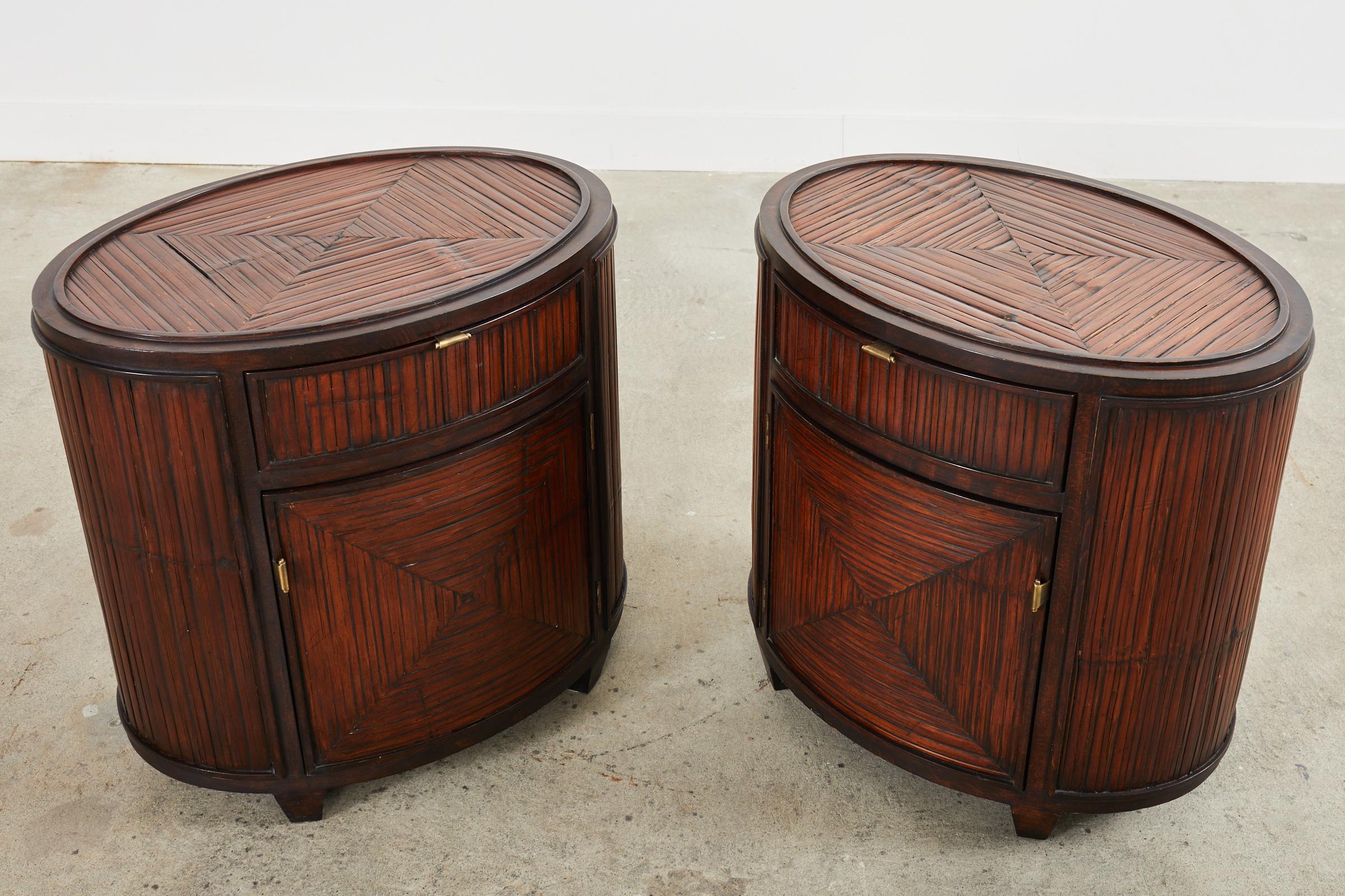 Hand-Crafted Pair of McGuire Bamboo Oak Drum Form Nightstands or Side Tables