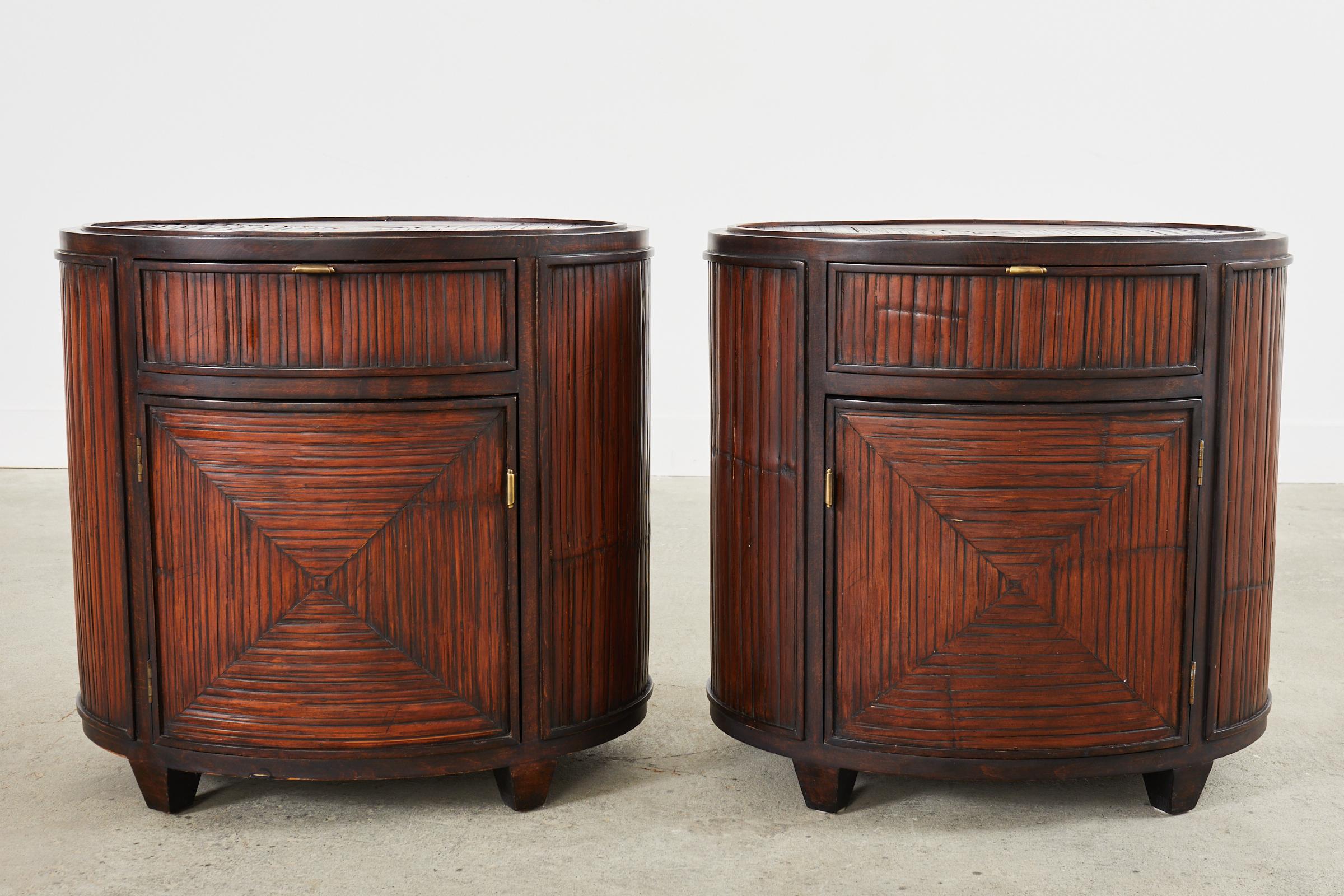 Pair of McGuire Bamboo Oak Drum Form Nightstands or Side Tables In Good Condition In Rio Vista, CA