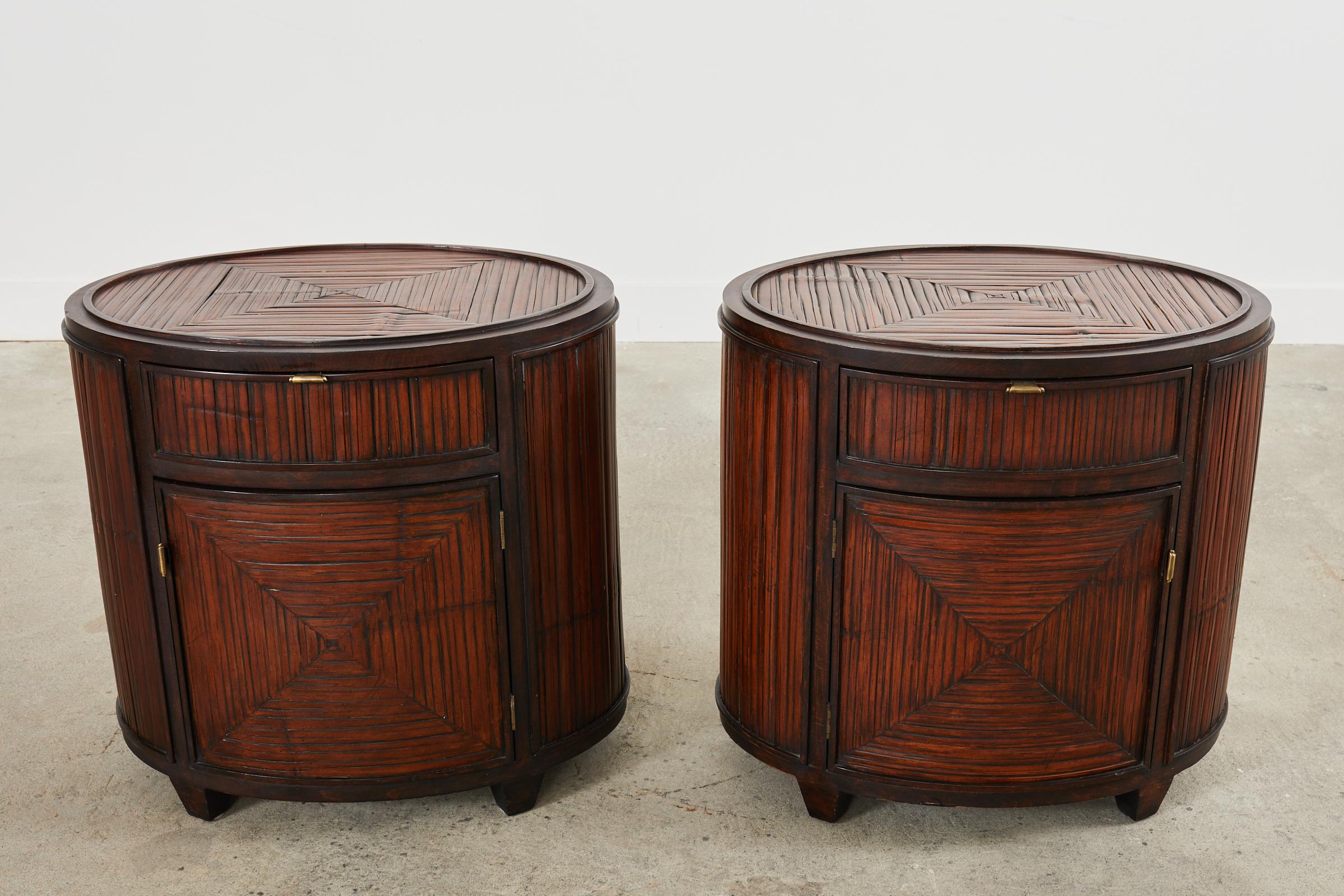 Brass Pair of McGuire Bamboo Oak Drum Form Nightstands or Side Tables