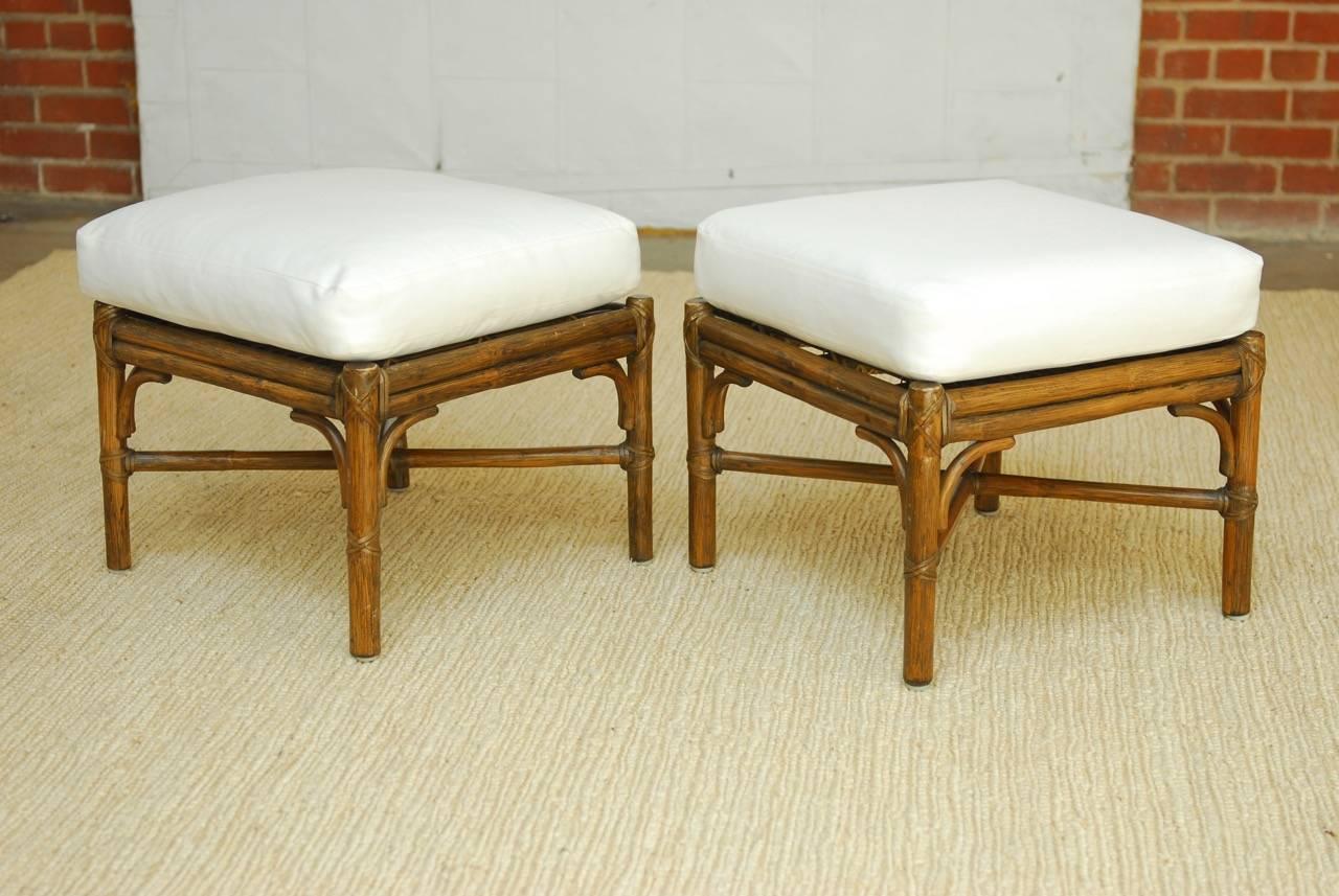 Pair of McGuire Bamboo Rattan Lounge Chairs with Ottomans 8