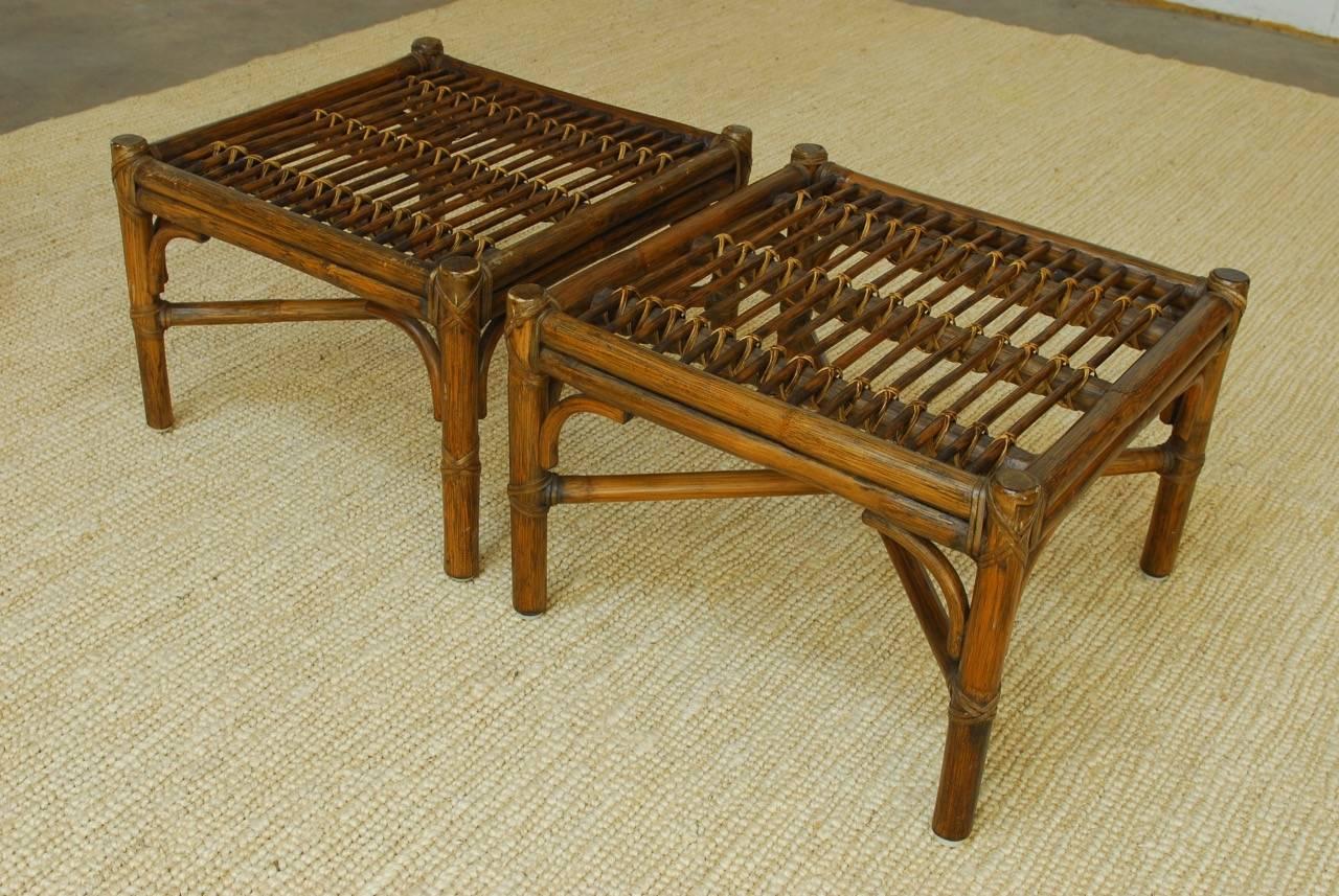 Pair of McGuire Bamboo Rattan Lounge Chairs with Ottomans 9