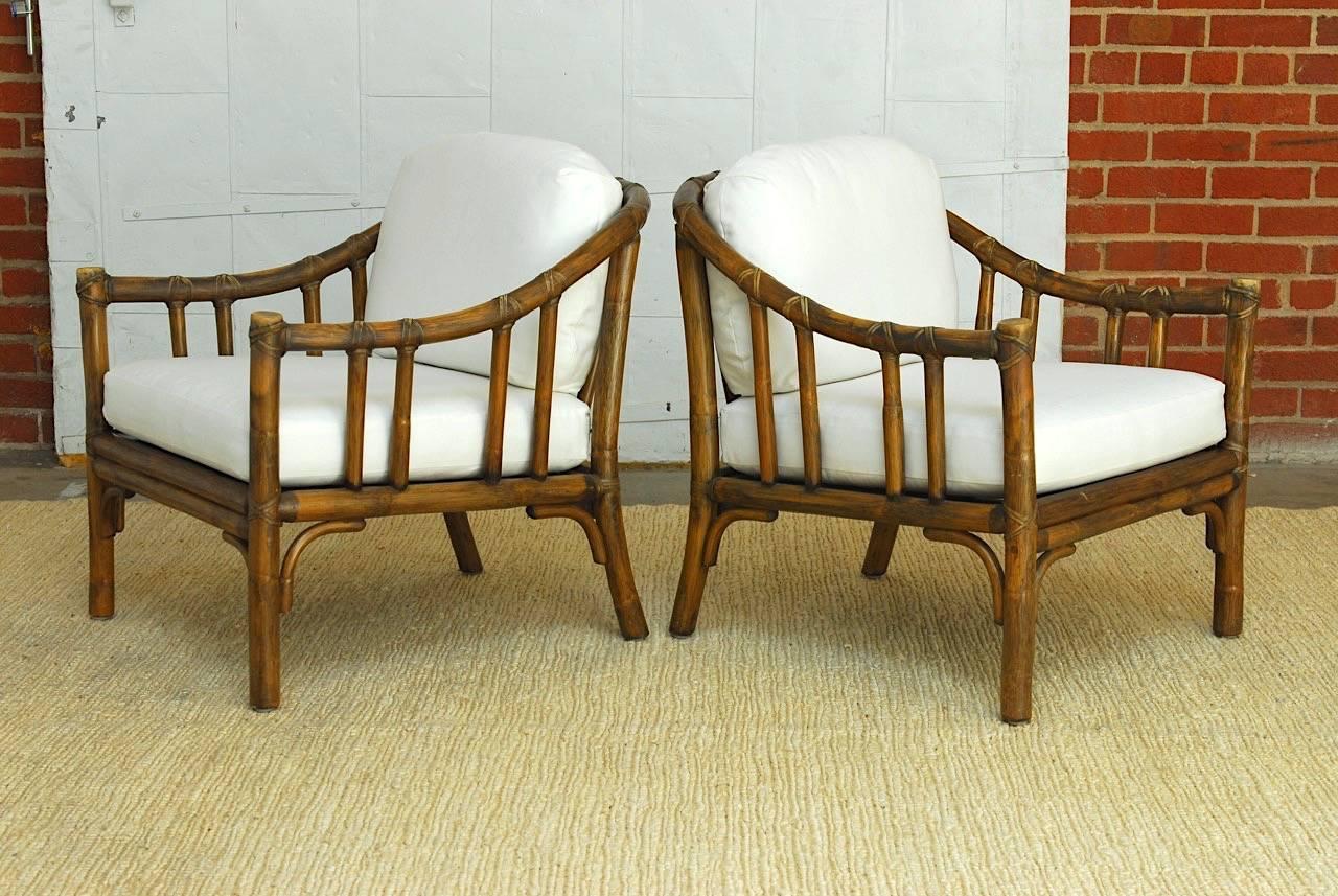 Organic Modern Pair of McGuire Bamboo Rattan Lounge Chairs with Ottomans