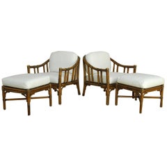 Pair of McGuire Bamboo Rattan Lounge Chairs with Ottomans