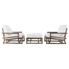 Vintage Pair of McGuire Bamboo Rattan Low Armchairs with Ottoman