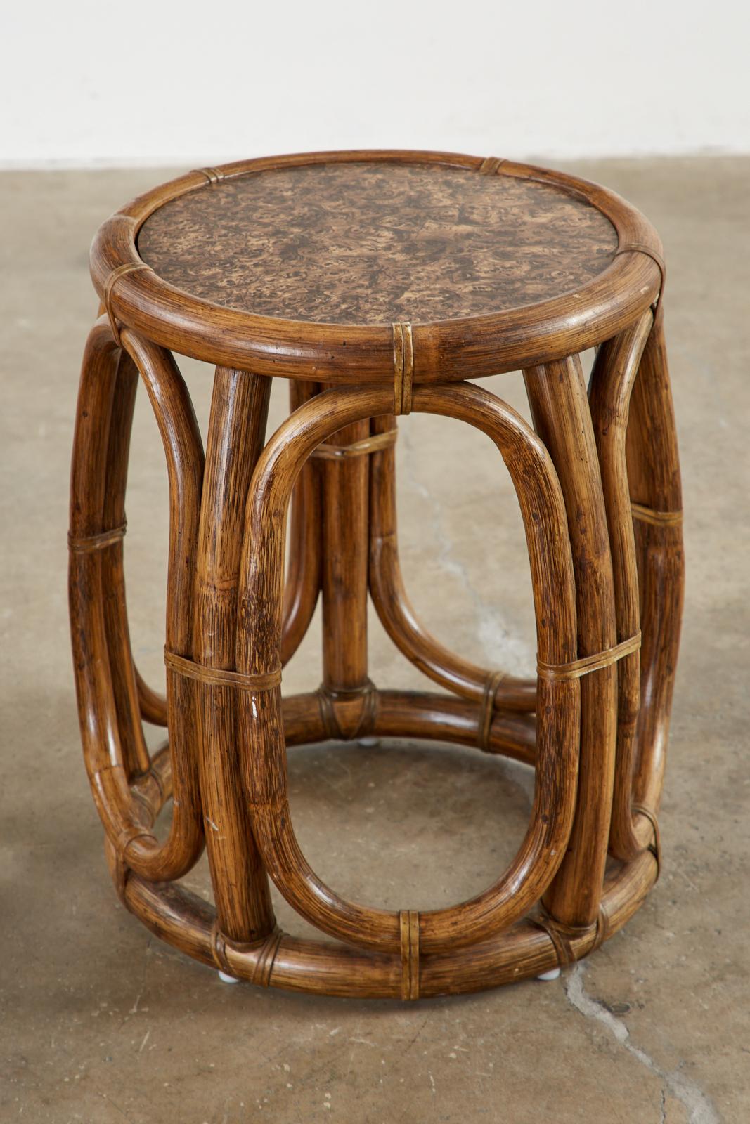 Pair of McGuire Bamboo Rattan Stools or Drink Tables 4