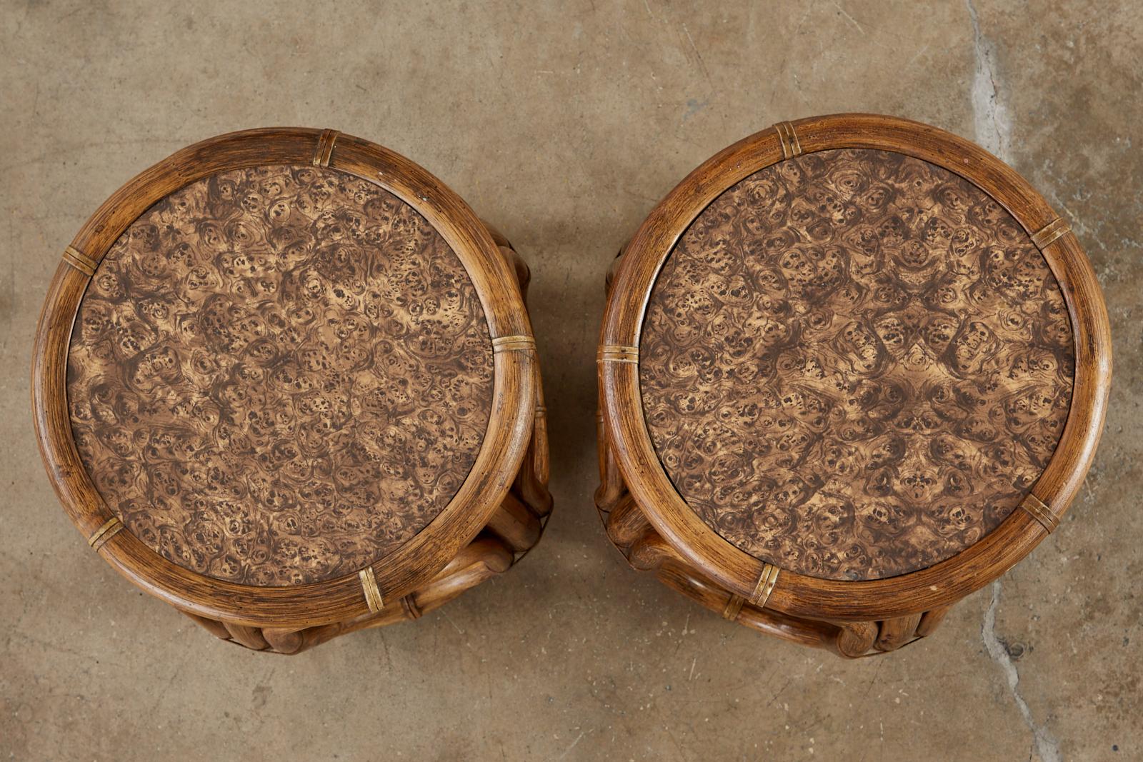 Organic Modern Pair of McGuire Bamboo Rattan Stools or Drink Tables