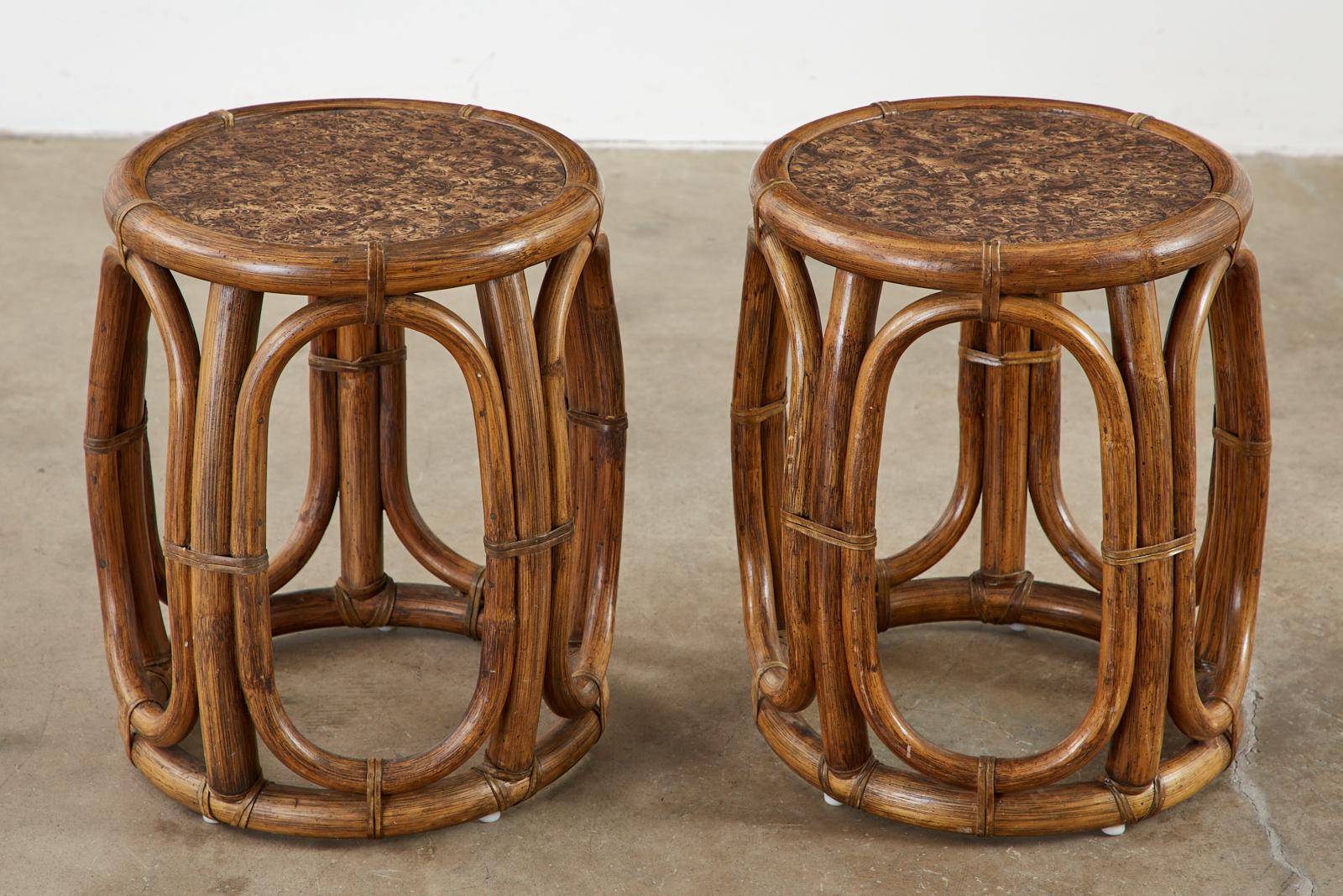 American Pair of McGuire Bamboo Rattan Stools or Drink Tables