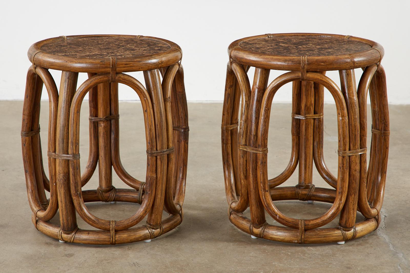 Leather Pair of McGuire Bamboo Rattan Stools or Drink Tables