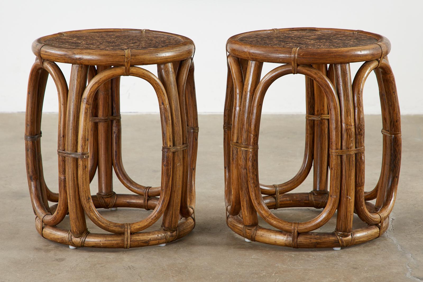 Pair of McGuire Bamboo Rattan Stools or Drink Tables 1