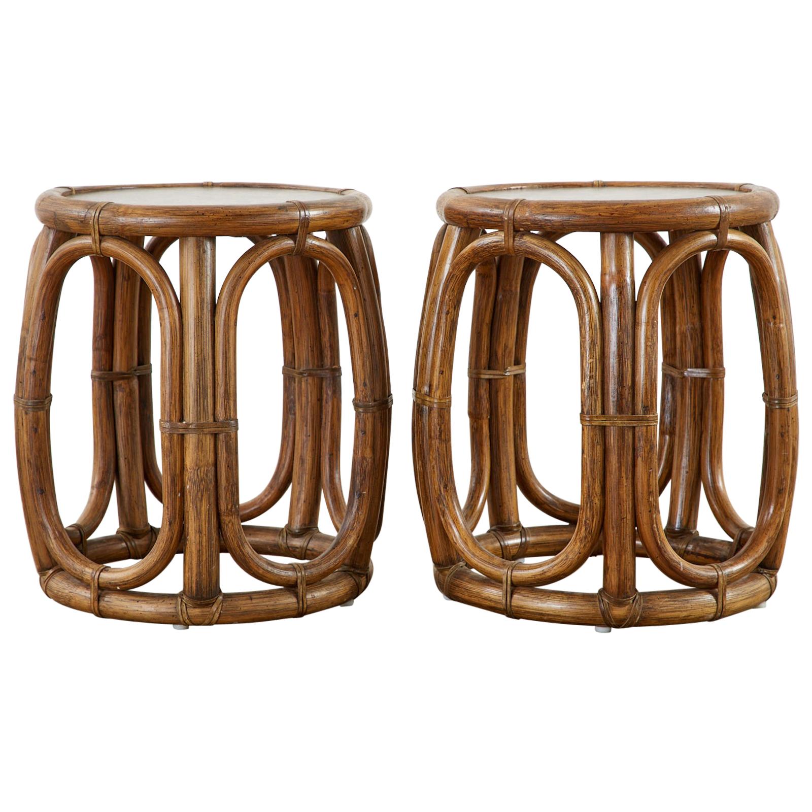 Pair of McGuire Bamboo Rattan Stools or Drink Tables