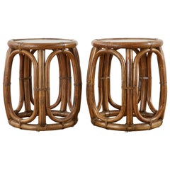 Pair of McGuire Bamboo Rattan Stools or Drink Tables
