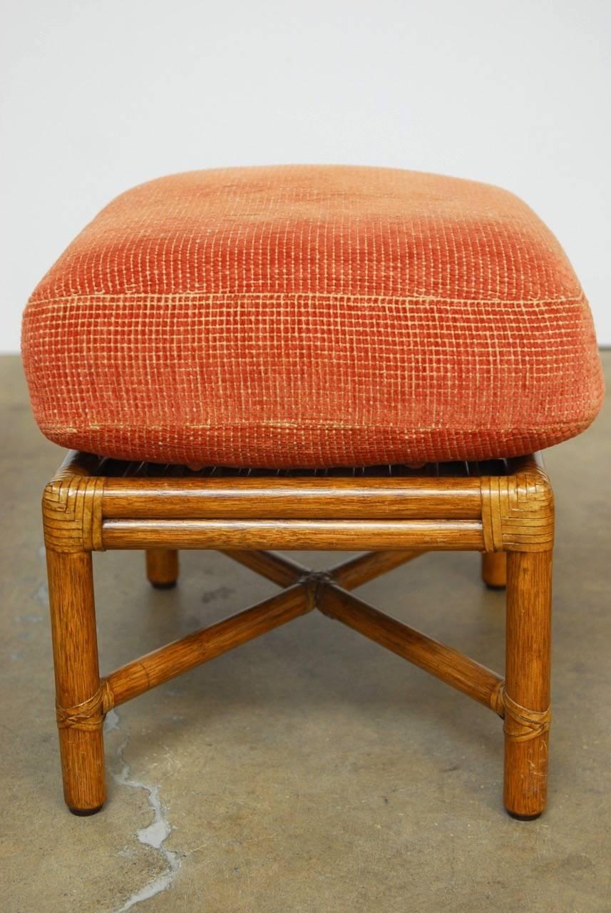 20th Century Pair of McGuire Bamboo Rattan Upholstered Ottomans