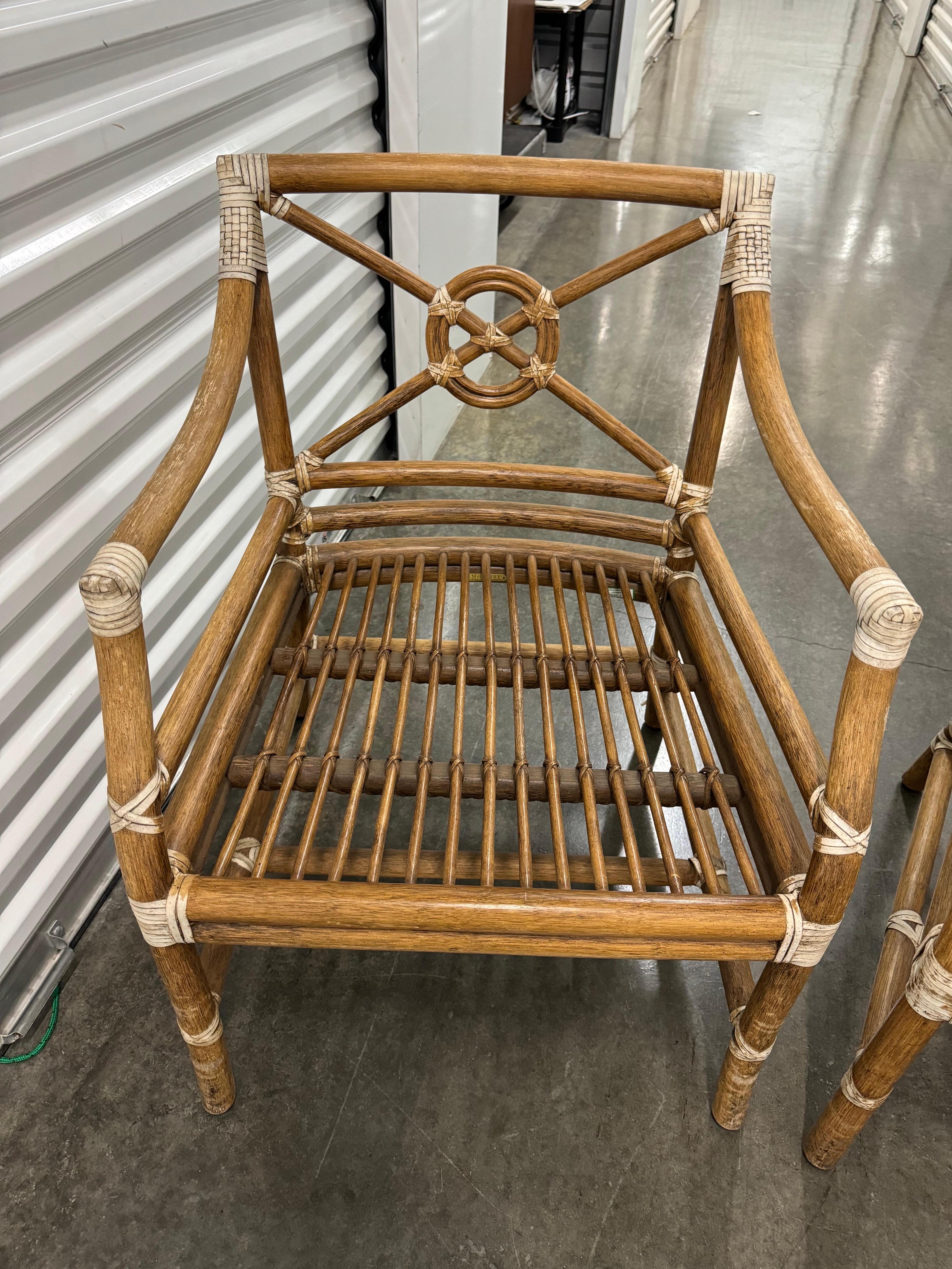 Hand-Crafted Pair Of McGuire Bamboo Target Back Chairs For Sale