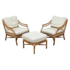 Pair of McGuire Boho Rattan Target Back Armchairs with Ottoman