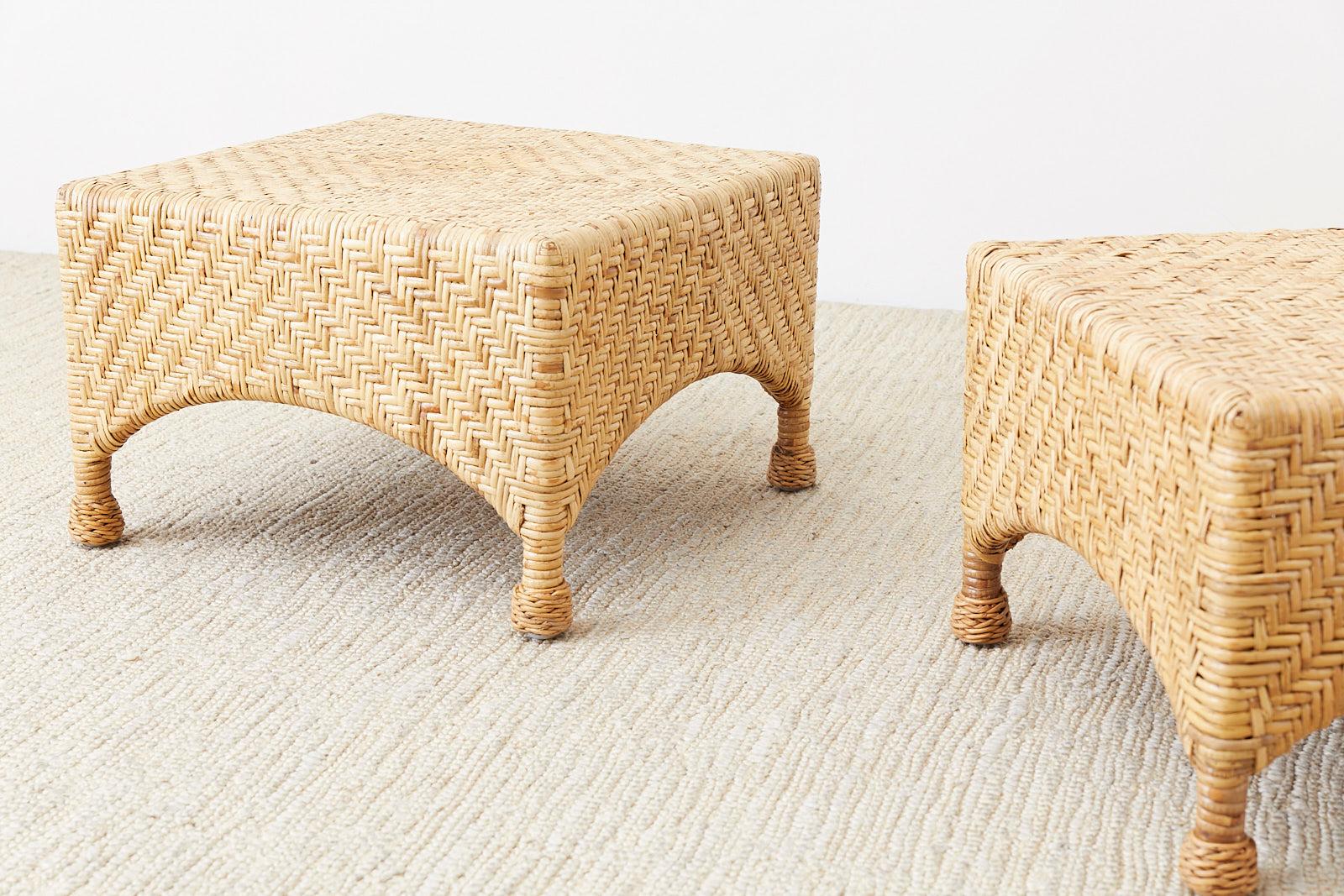 Wicker Pair of McGuire California Modern Rattan Drinks Tables