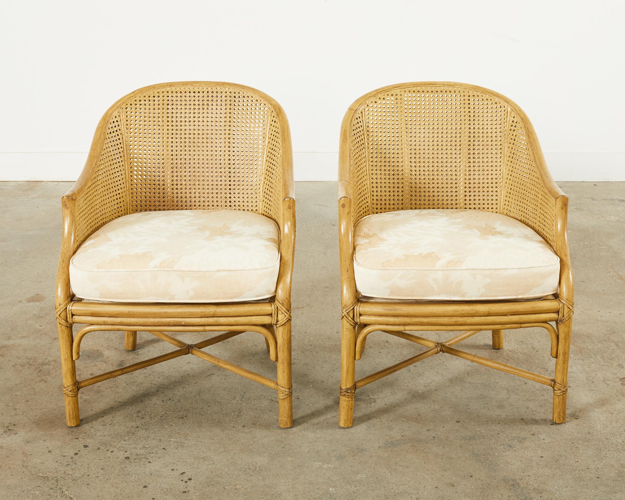 Pair of McGuire Caned Rattan Toboggan Barrel Back Dining Armchairs 5