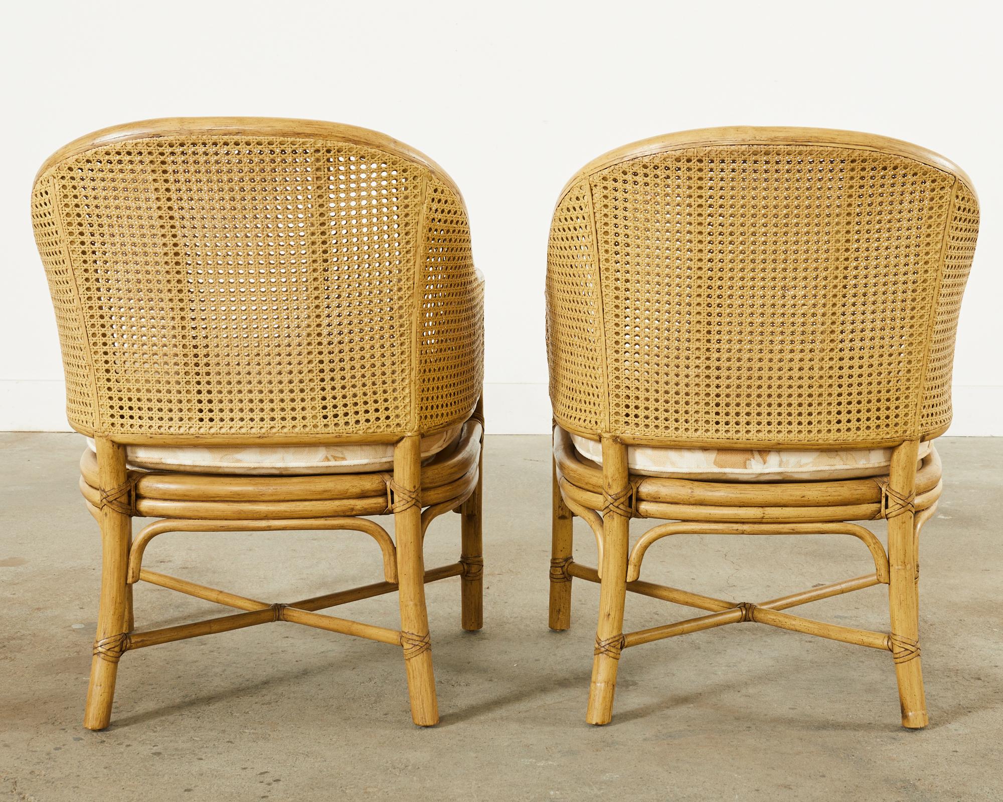 Pair of McGuire Caned Rattan Toboggan Barrel Back Dining Armchairs 8