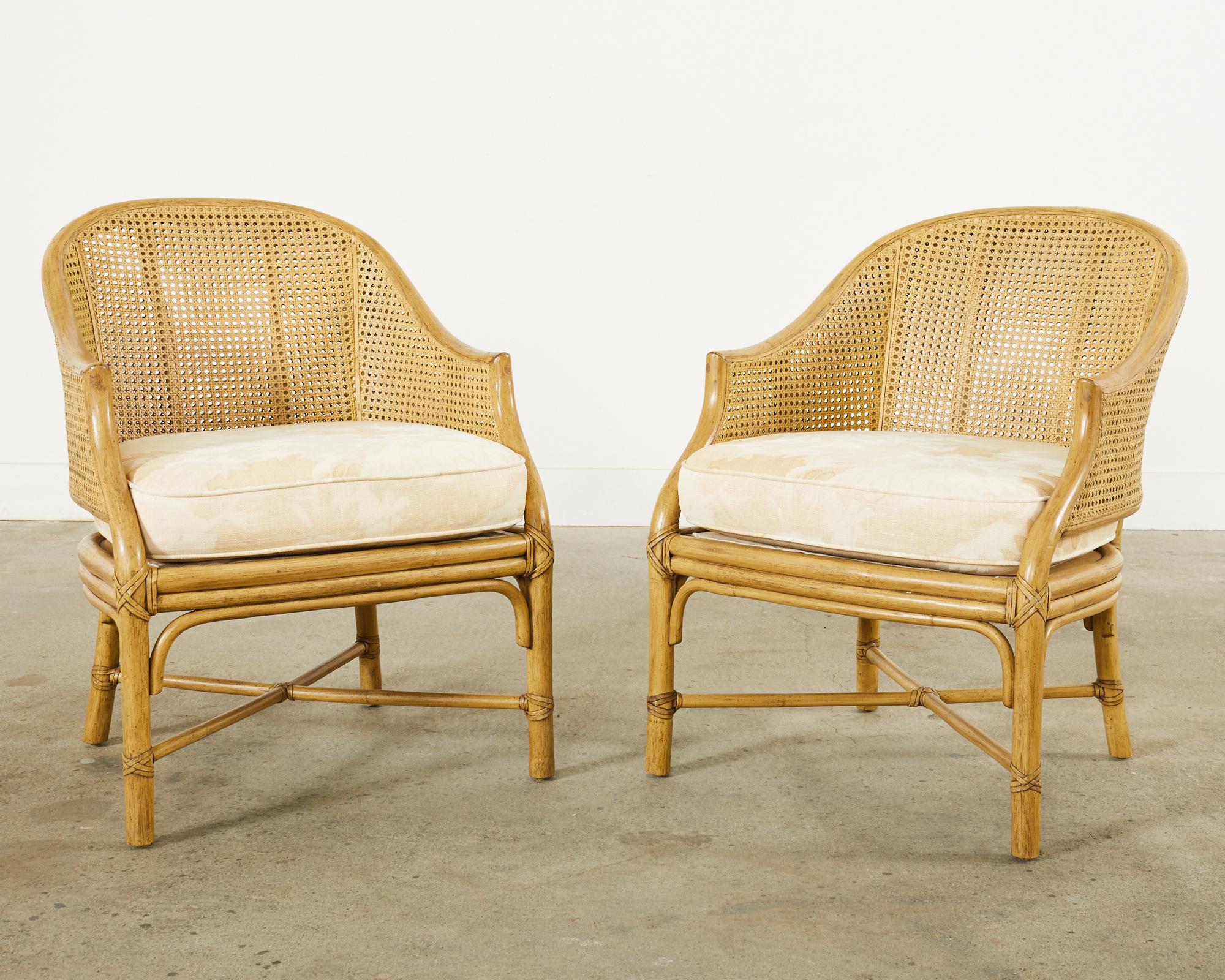 American Pair of McGuire Caned Rattan Toboggan Barrel Back Dining Armchairs