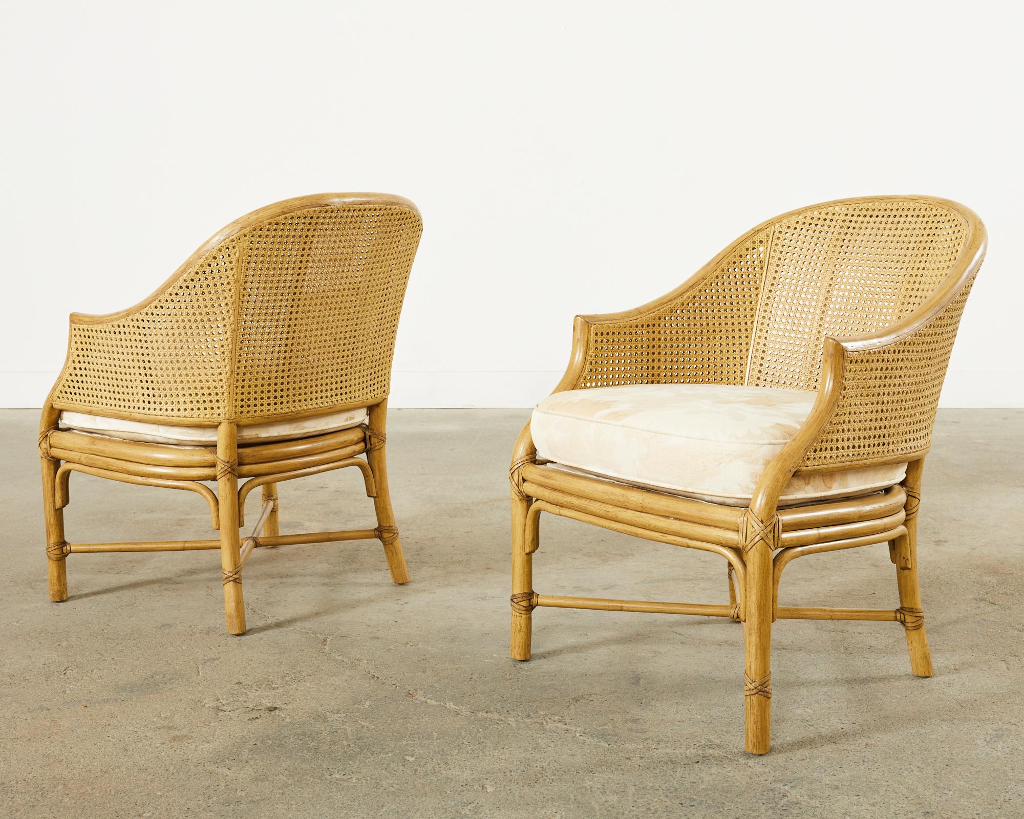 Pair of McGuire Caned Rattan Toboggan Barrel Back Dining Armchairs In Good Condition In Rio Vista, CA