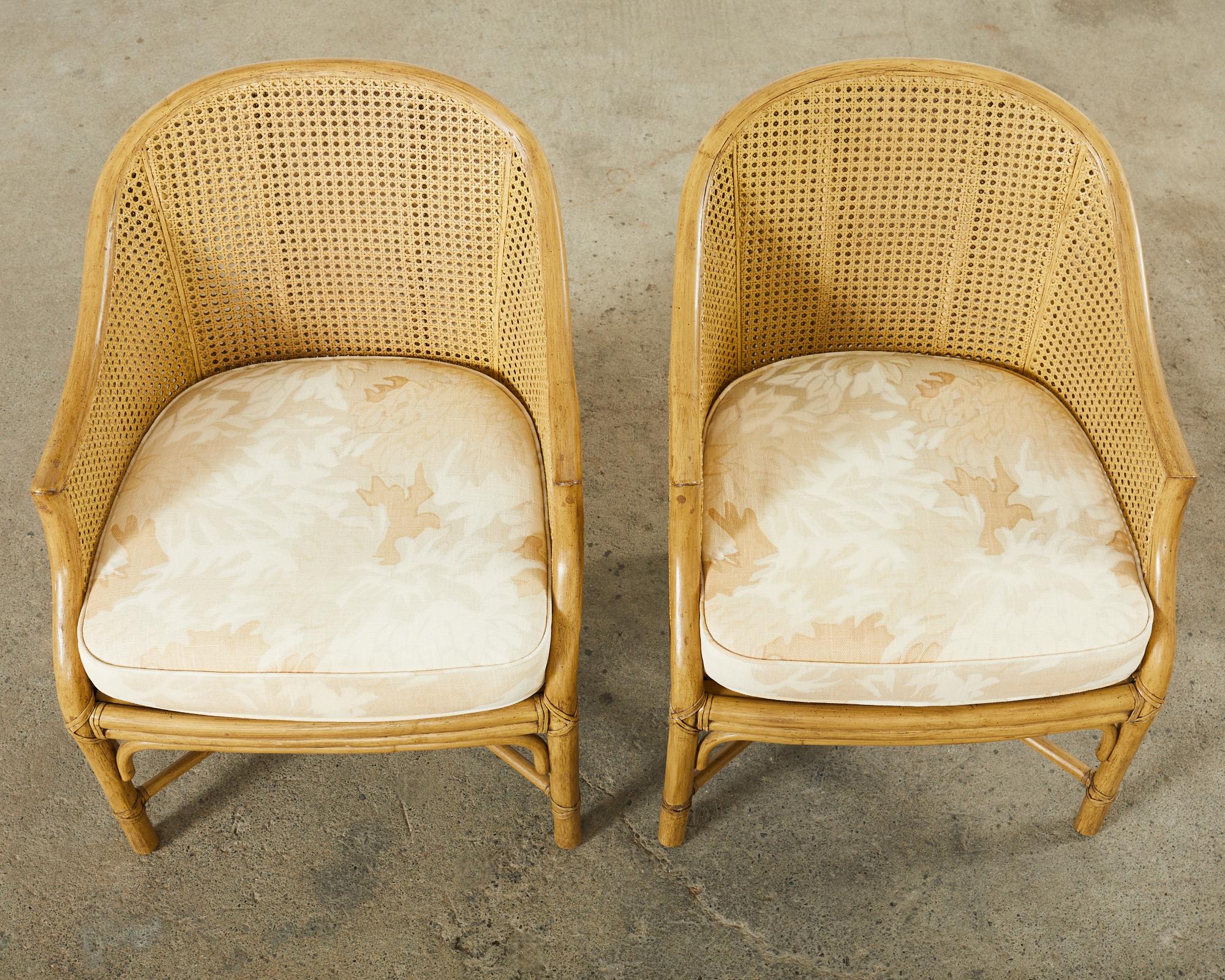 20th Century Pair of McGuire Caned Rattan Toboggan Barrel Back Dining Armchairs