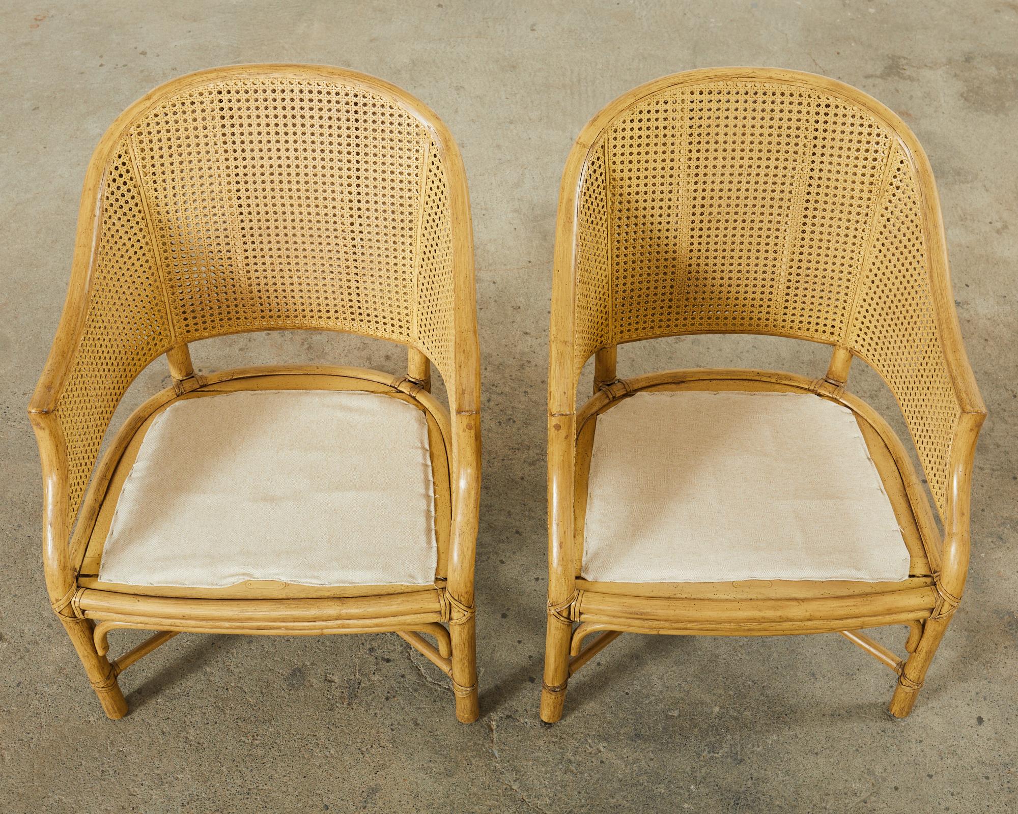 Pair of McGuire Caned Rattan Toboggan Barrel Back Dining Armchairs 1