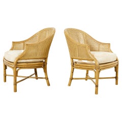 Vintage Pair of McGuire Caned Rattan Toboggan Barrel Back Dining Armchairs