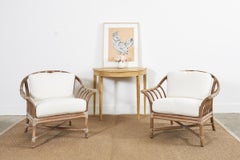 Pair of McGuire Cerused Rattan Lounge Chairs and Ottoman