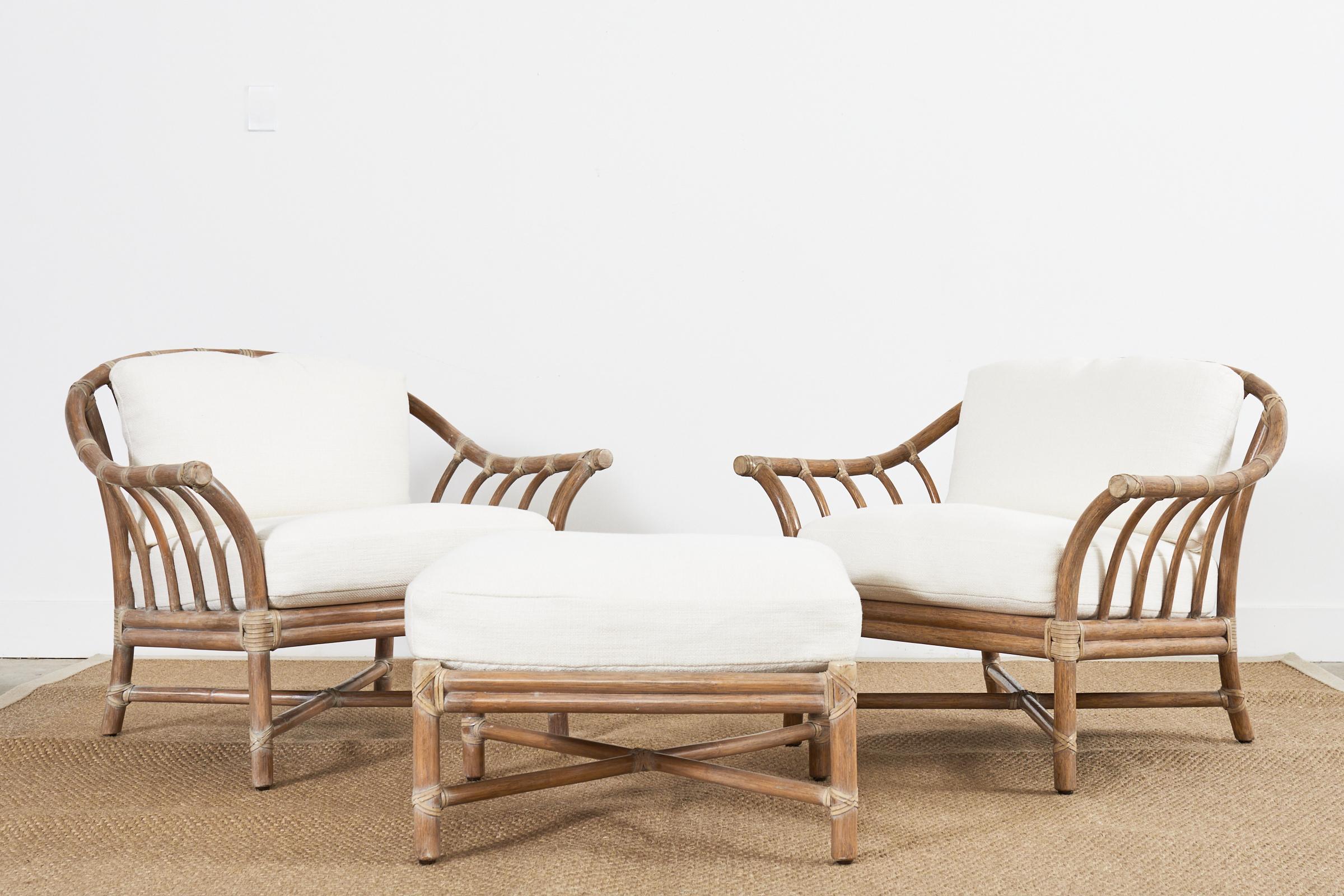 Organic Modern Pair of McGuire Cerused Rattan Lounge Chairs and Ottoman