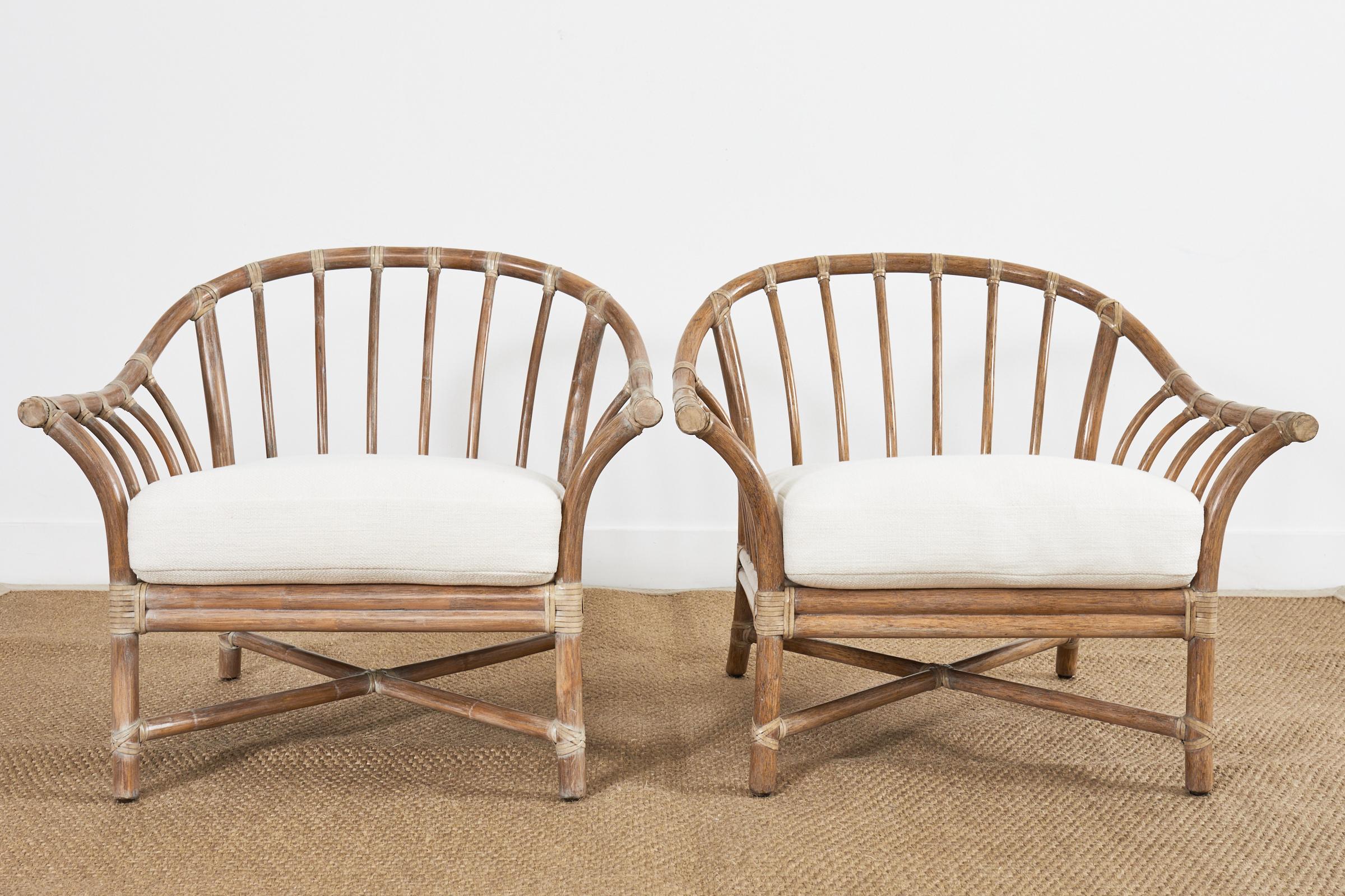 Pair of McGuire Cerused Rattan Lounge Chairs and Ottoman For Sale at 1stDibs