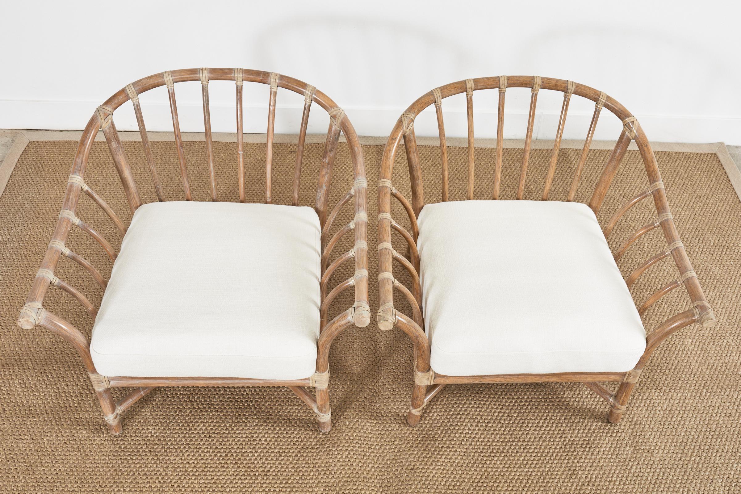 Hand-Crafted Pair of McGuire Cerused Rattan Lounge Chairs and Ottoman