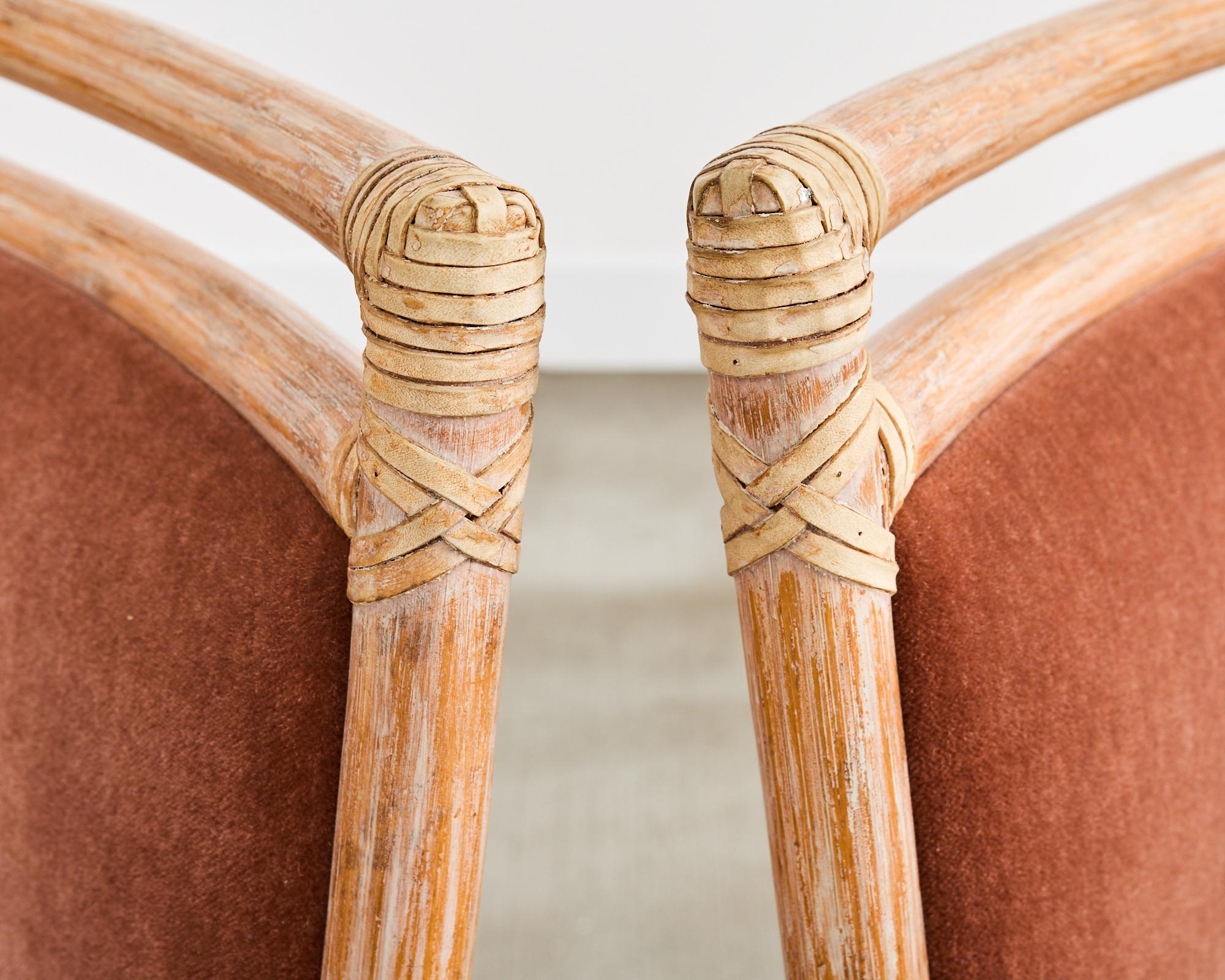 Coppia di poltrone da biblioteca McGuire in rattan cerato e mohair in vendita 4