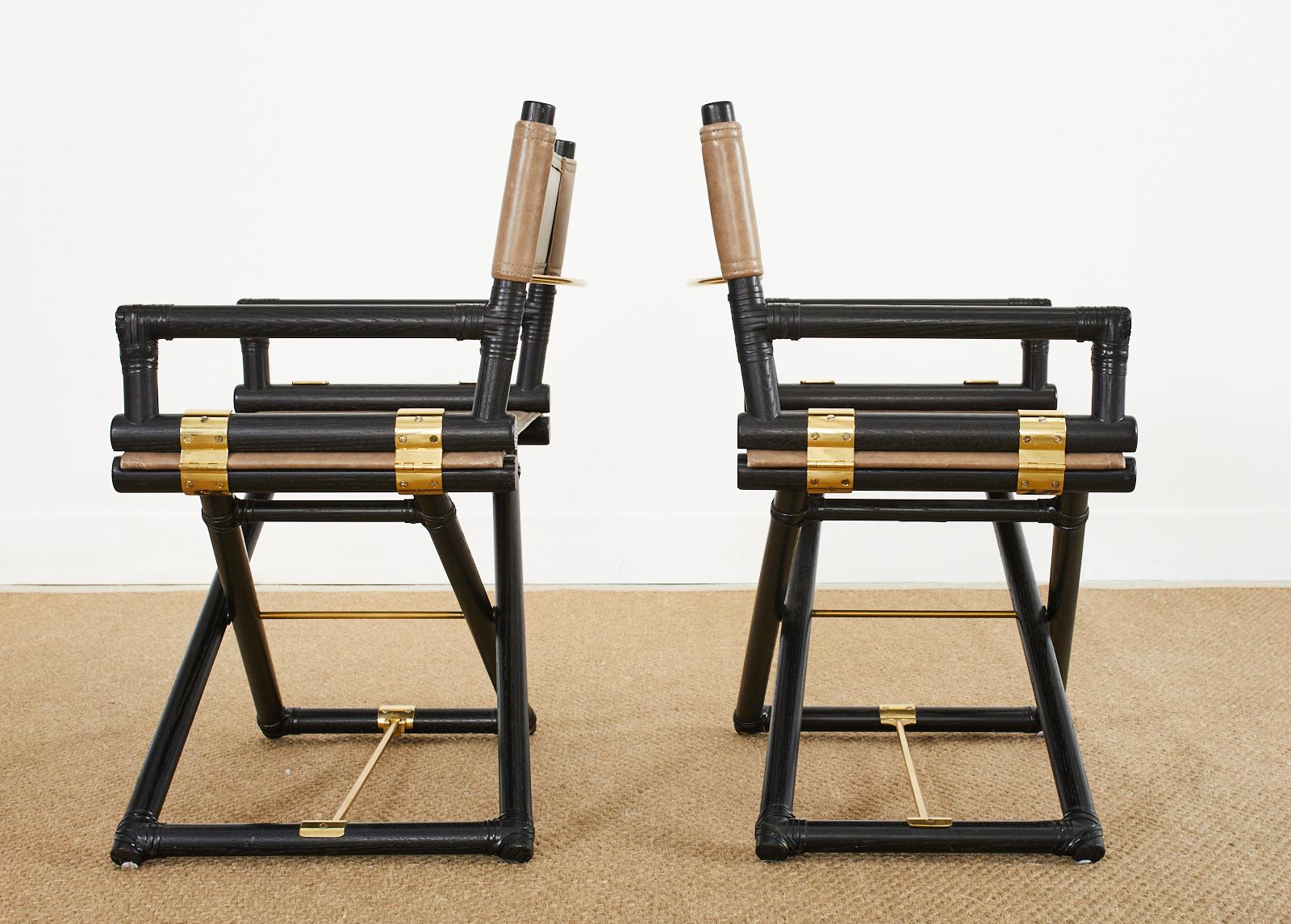Brass Pair of McGuire Ebonized Oak Campaign Style Directors Chairs
