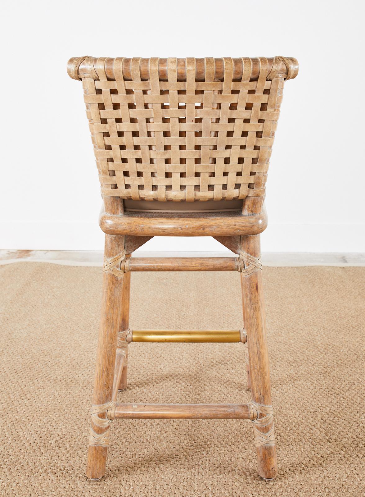 Pair of McGuire Laced Leather Rawhide Cerused Rattan Barstools 10