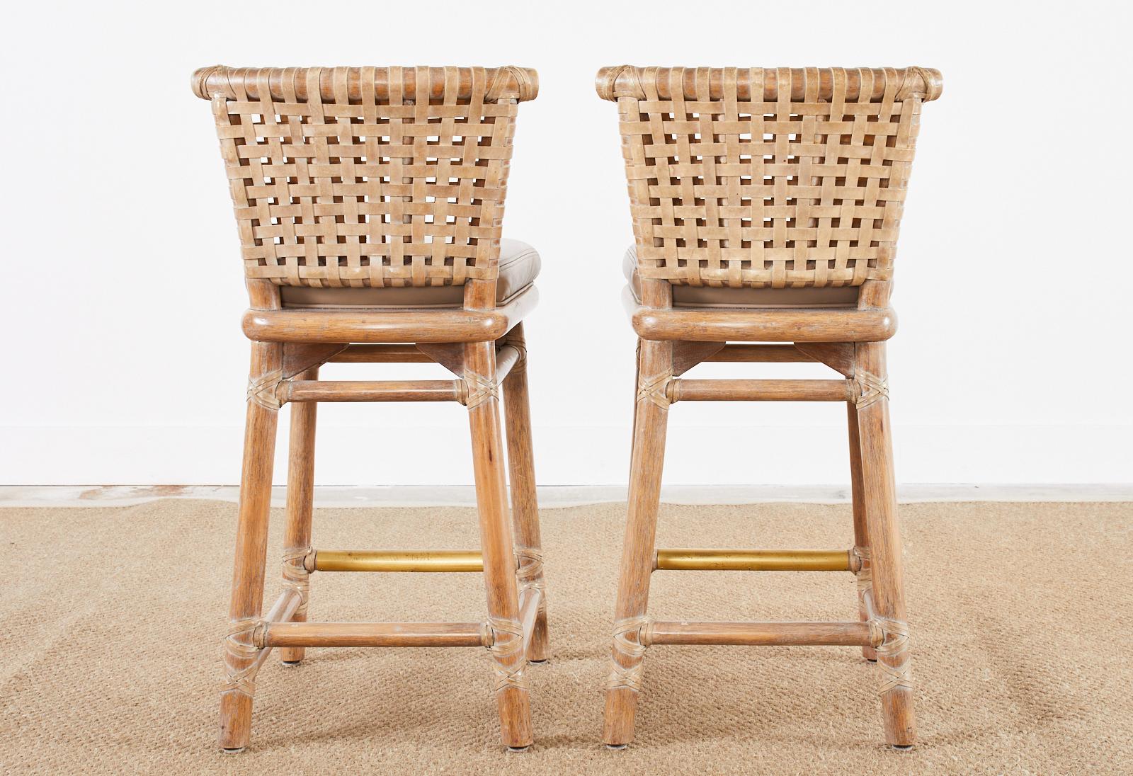 Pair of McGuire Laced Leather Rawhide Cerused Rattan Barstools 12