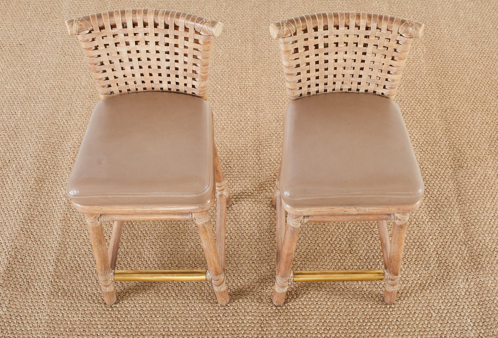 Organic Modern Pair of McGuire Laced Leather Rawhide Cerused Rattan Barstools