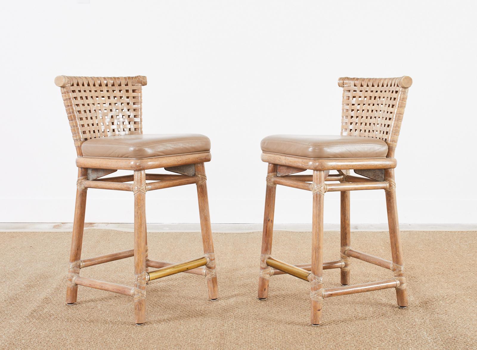American Pair of McGuire Laced Leather Rawhide Cerused Rattan Barstools