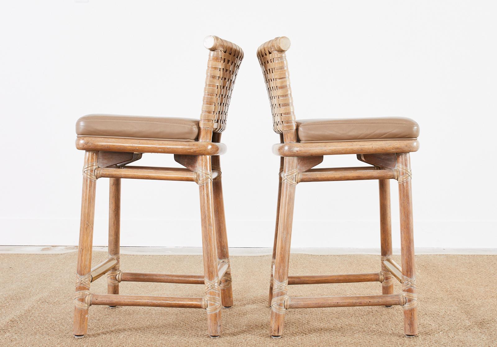 Pair of McGuire Laced Leather Rawhide Cerused Rattan Barstools In Good Condition In Rio Vista, CA