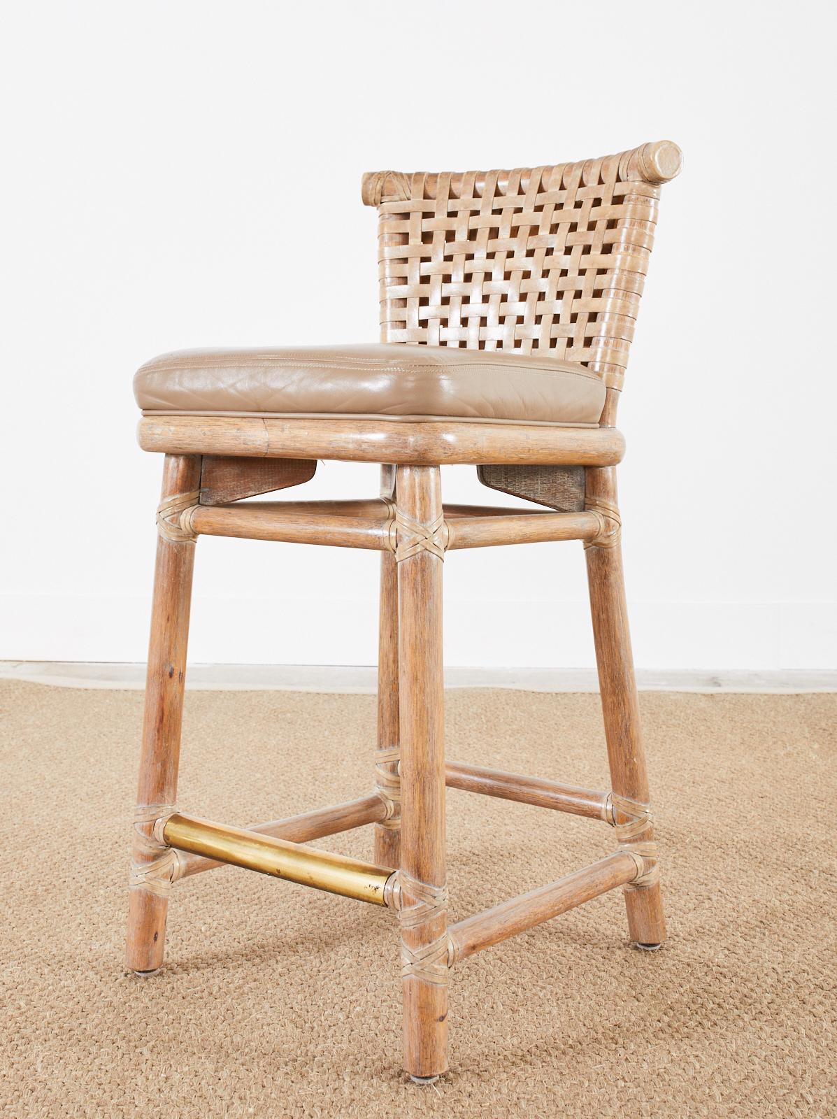 20th Century Pair of McGuire Laced Leather Rawhide Cerused Rattan Barstools