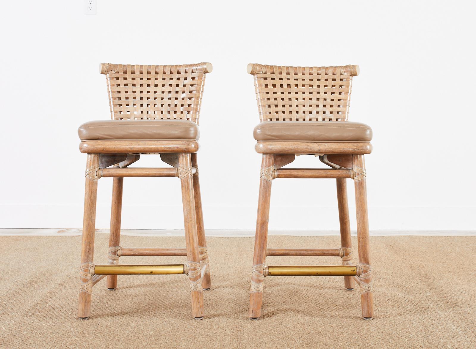 Pair of McGuire Laced Leather Rawhide Cerused Rattan Barstools 1