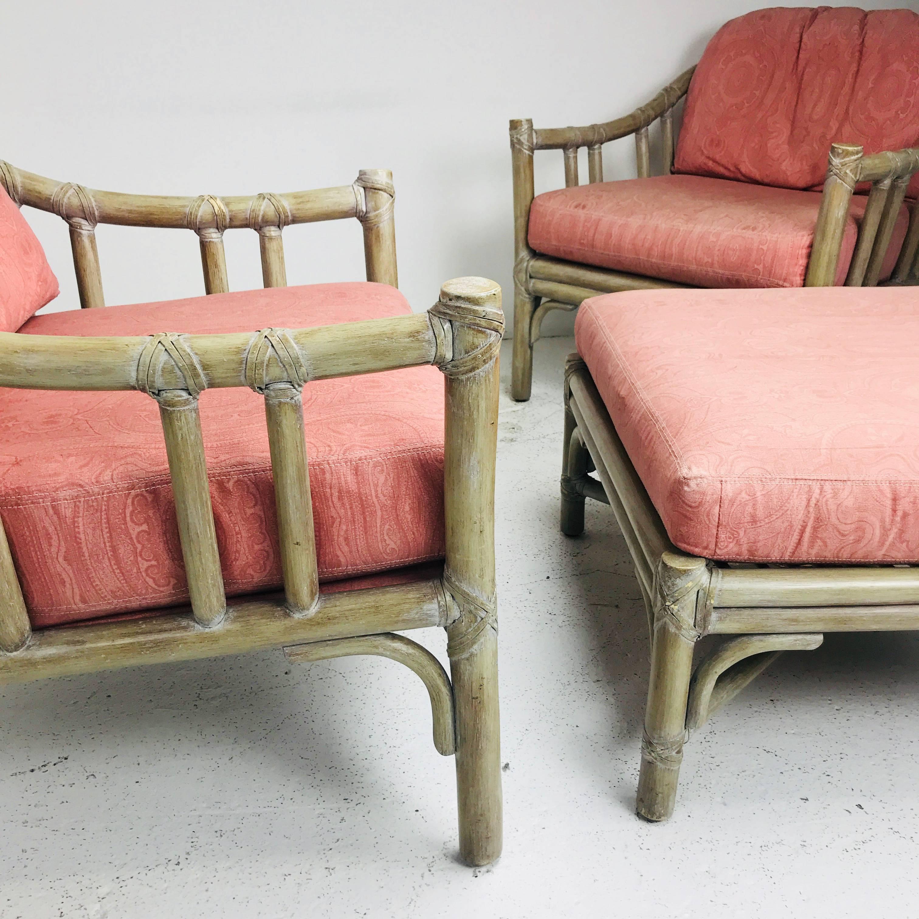 Pair of McGuire Lounge Chairs with Ottoman In Good Condition In Dallas, TX