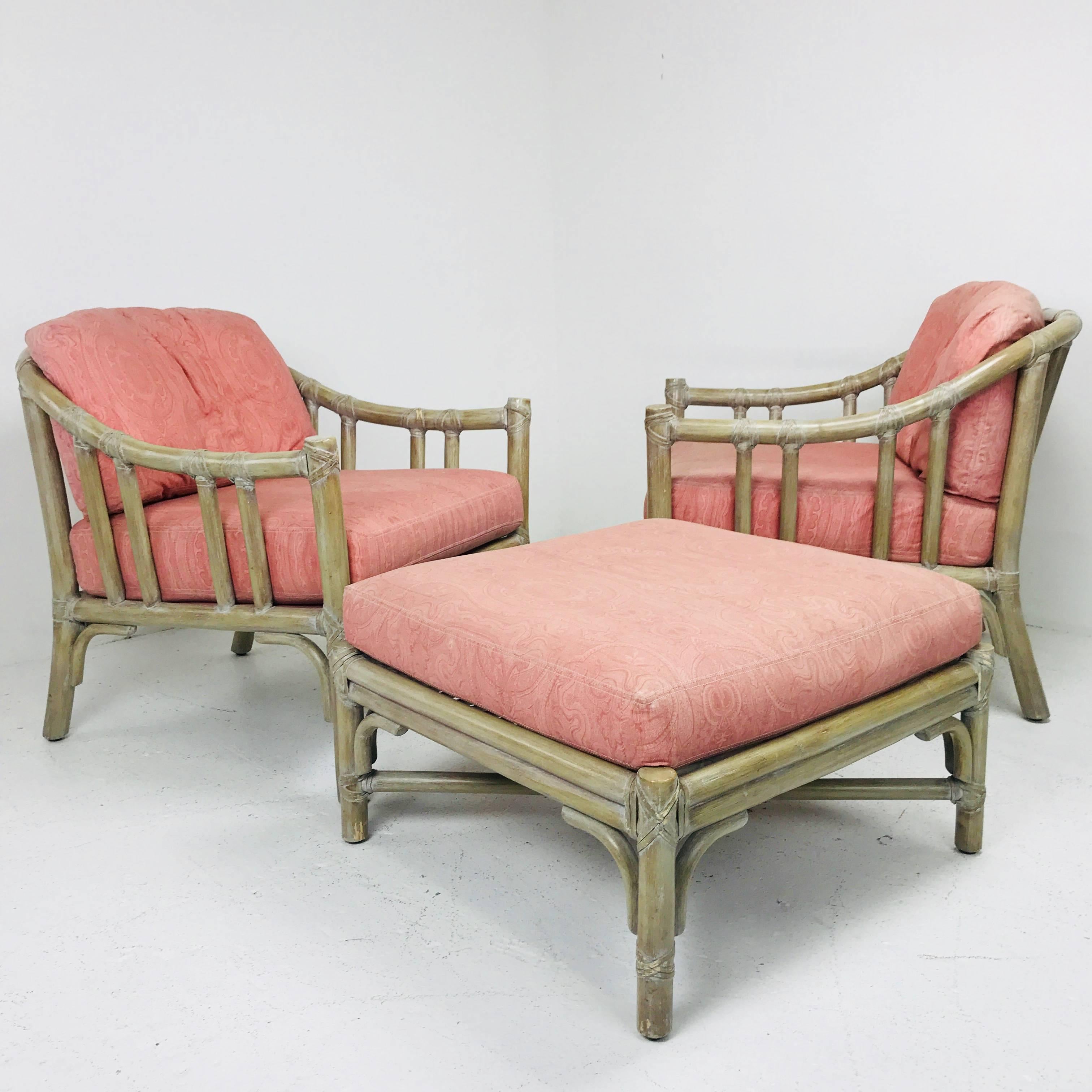 20th Century Pair of McGuire Lounge Chairs with Ottoman
