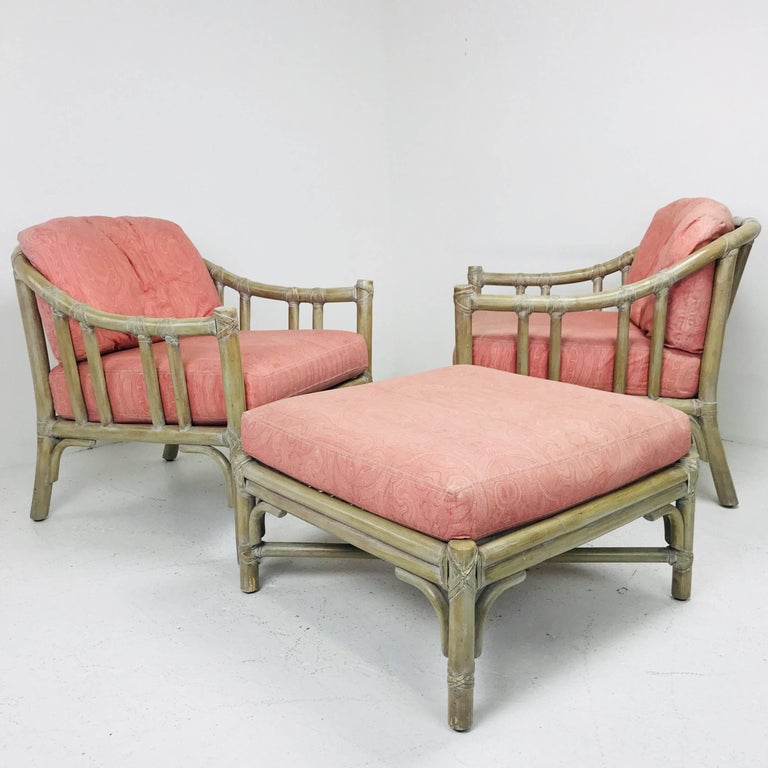 Pair of McGuire Lounge Chairs with Ottoman at 1stdibs