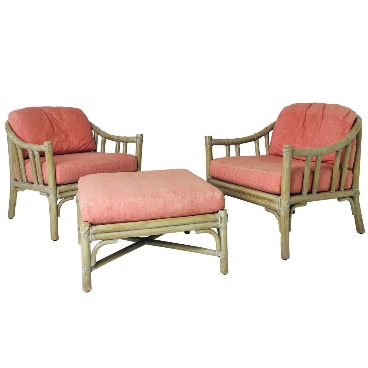Pair of McGuire Lounge Chairs with Ottoman