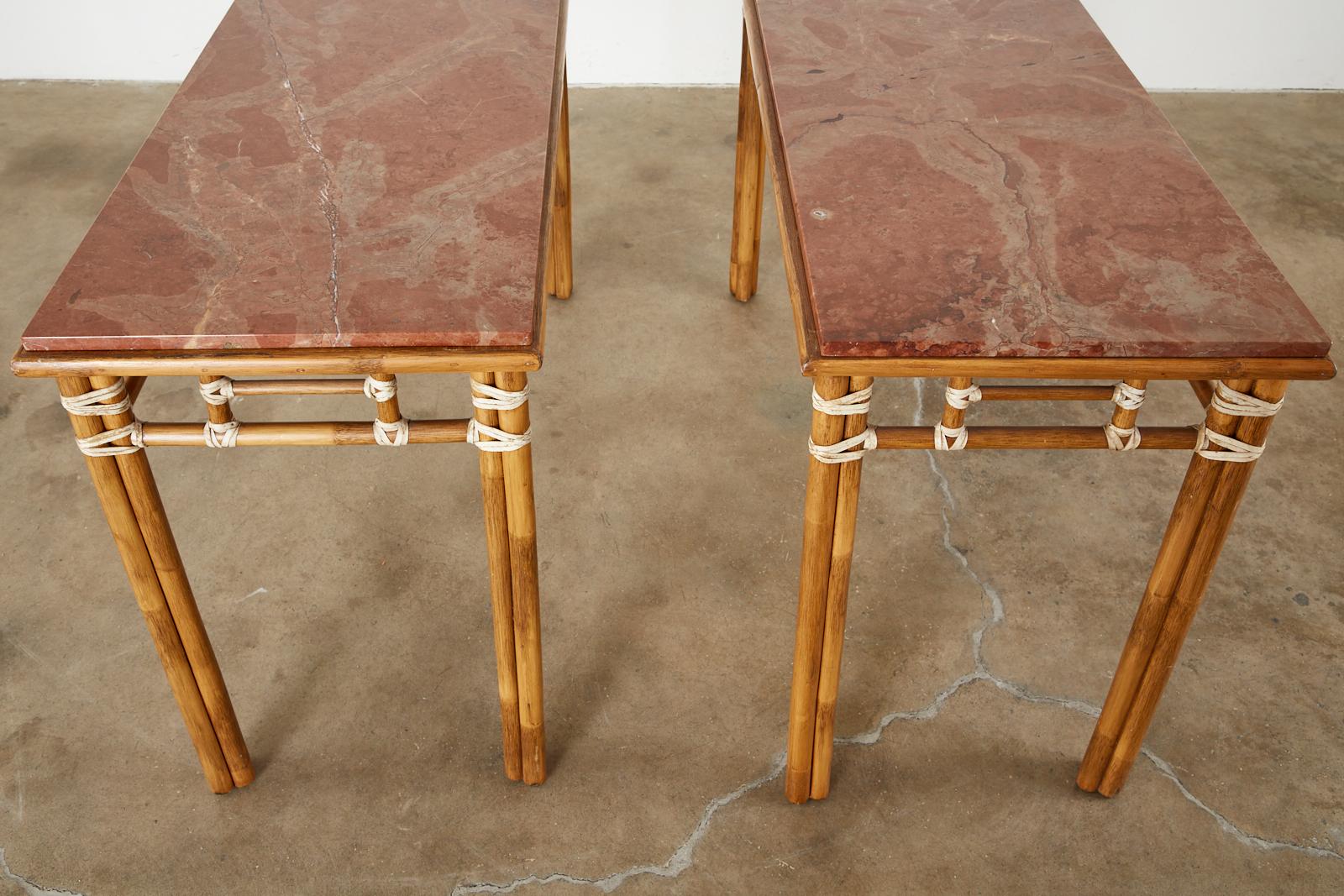 Hand-Crafted Pair of McGuire Marble-Top Rattan Console Tables