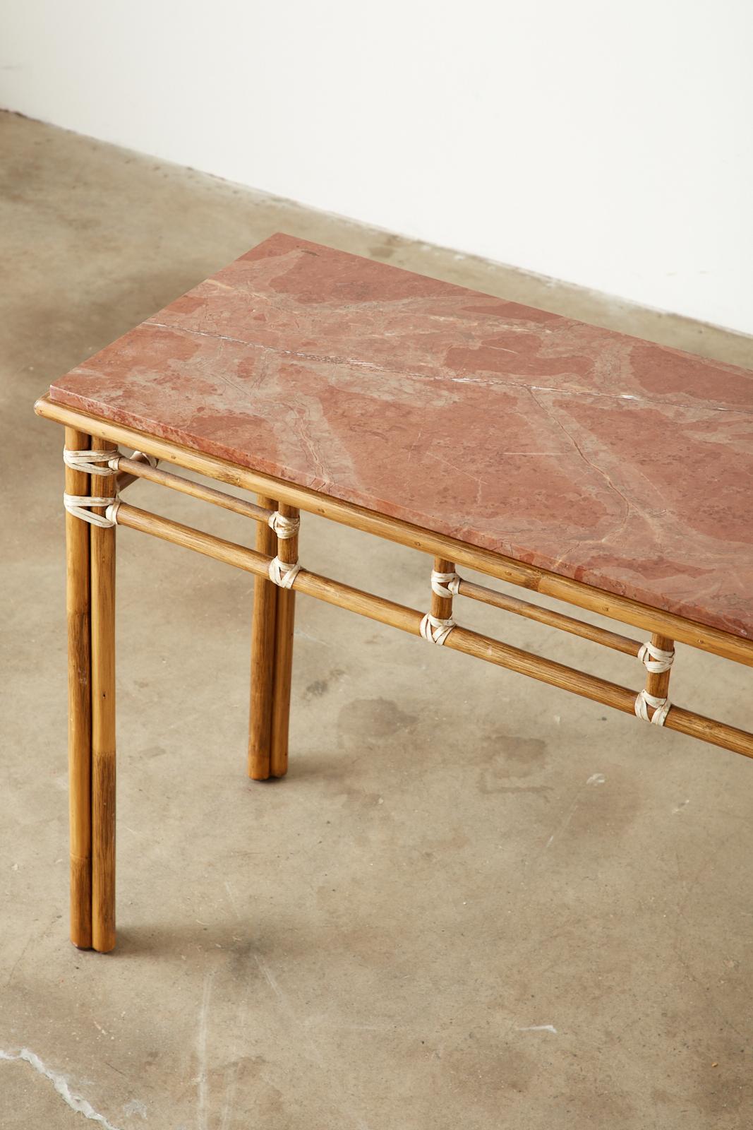 20th Century Pair of McGuire Marble-Top Rattan Console Tables